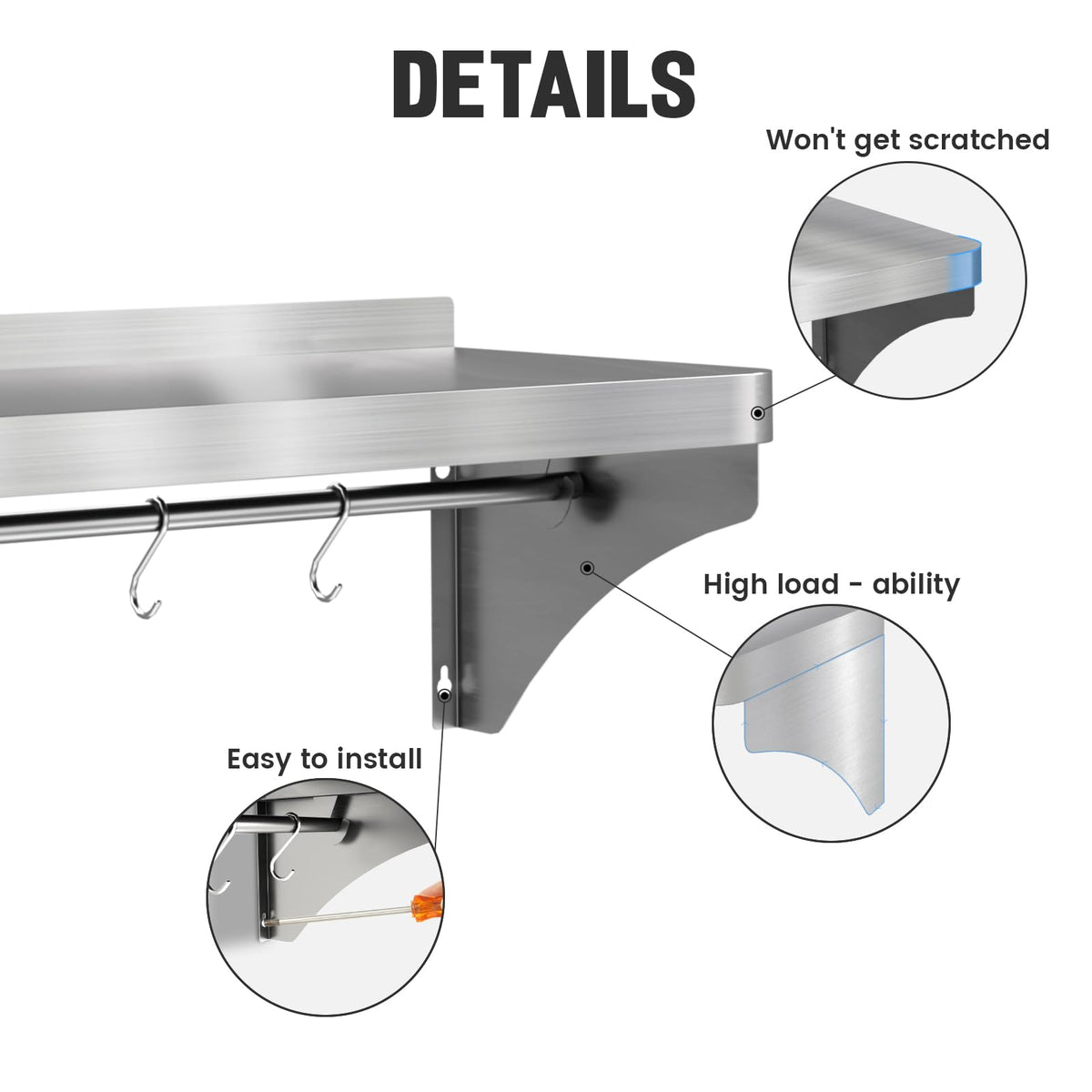 VENFAN Commercial Stainless Steel Shelf 36" x 12" - 250lb Load Capacity, Heavy Duty Stainless Steel Wall Mounted Kitchen Shelf with Backsplash & 6 Hooks for Restaurant, Laundry