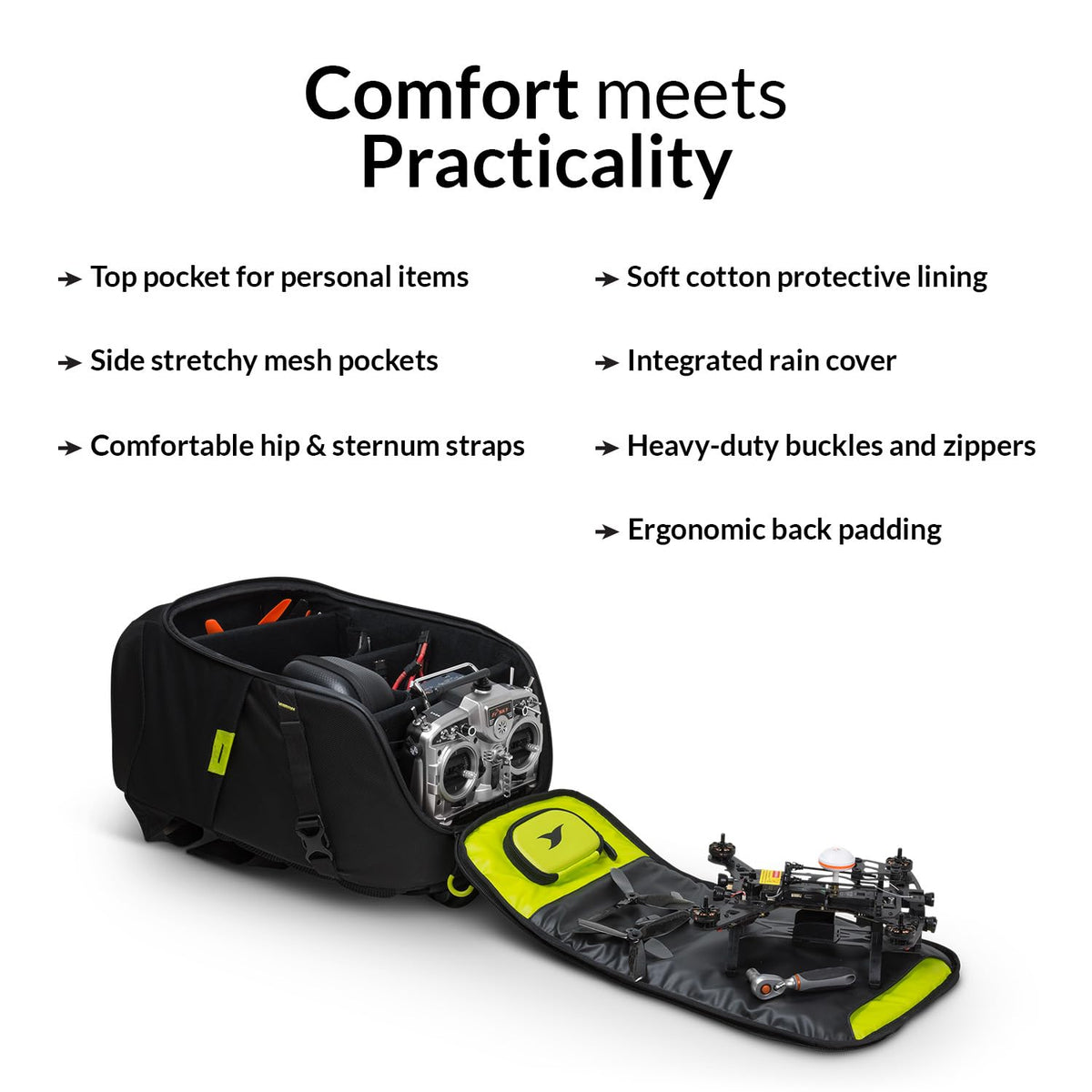 TORVOL - Quad PITSTOP Backpack V2, Compact FPV Drone Backpack for 2 Drones, Fits DJI Mini 3, Mini 4 Pro, DJI Neo, with Laptop Compartment, Waterproof Rain Cover, Black & Green, 25L
