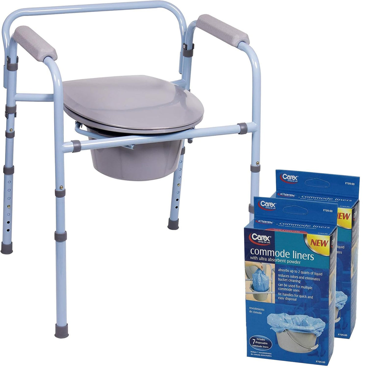Carex 3-in-1 Folding Bedside Commode with 14 Pack Commode Liners - Porta Potty for Adults - Portable Toilet Supports Up to 300lbs, Bedside Commodes for Seniors and Commode Chair