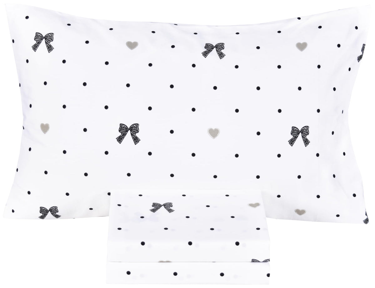 Scientific Sleep Lace Bow Romantic Bowknot Black Dot 100% Cotton 3 Pcs Twin Bed Sheet Set Kids Boys Girls Teen, Flat Sheet & Fitted Sheet & Pillowcase Child Bedding Set (Bow, Twin)