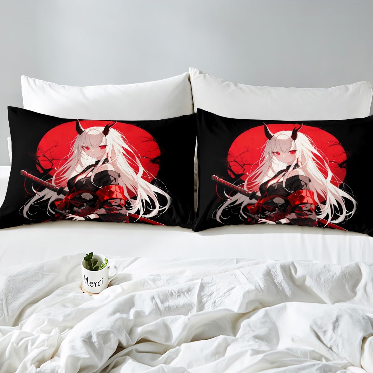 Erosebridal Full Japanese Anime Bedding Set for Kids, Anime Girl Bed Sheets Kawaii Japanese Style Fitted Sheet Cartoon Japan Animation Bed Set for Boys Teen Adult Women Bedroom,Red Black