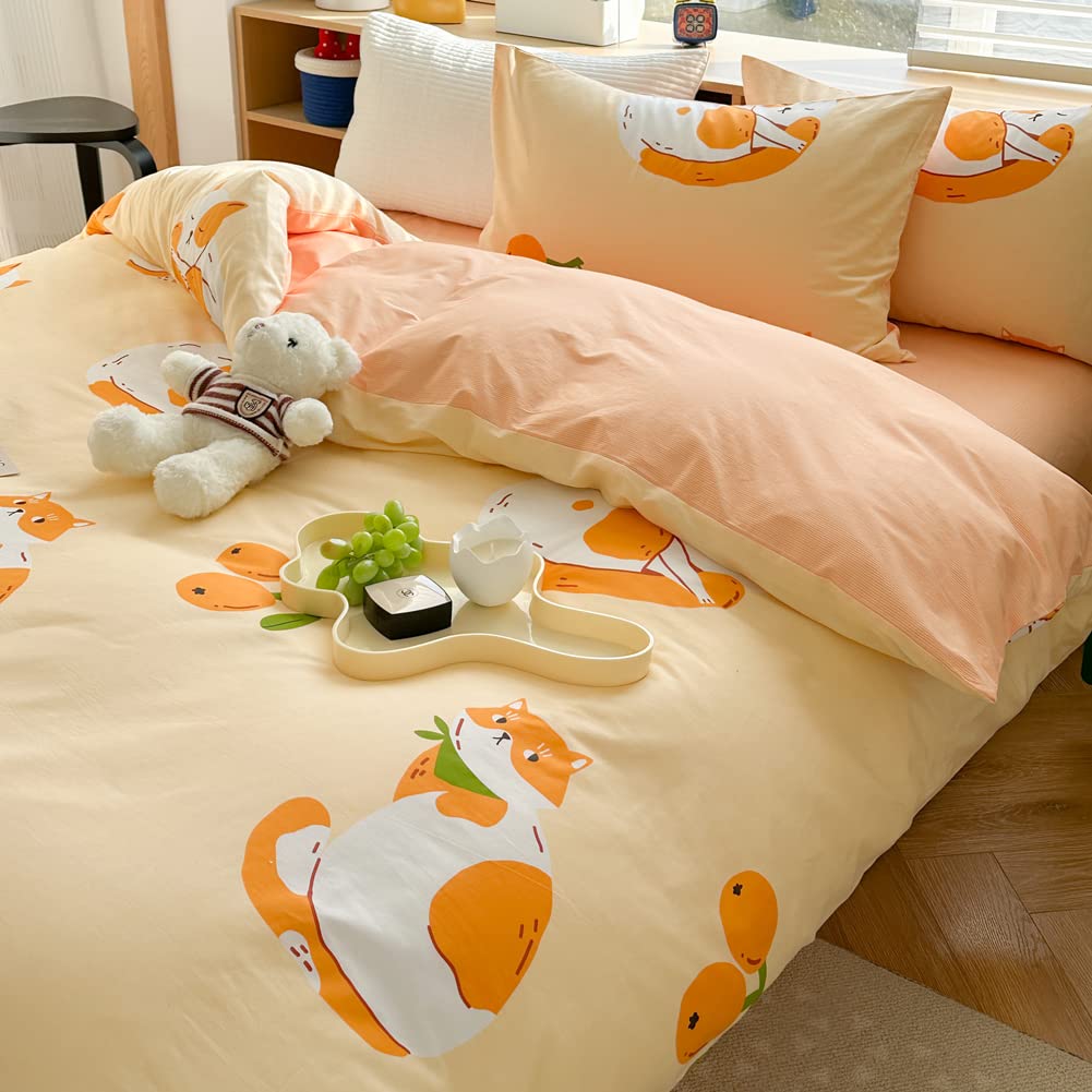 LIWHENHAO Cats Duvet Cover Set Queen 100% Cotton Bedding Cartoon Cute Cat on Orange 1 Kawaii Animal Comforter Cover Full Zipper Closure 2 Pillowcases for Kids Girls Boys Woman