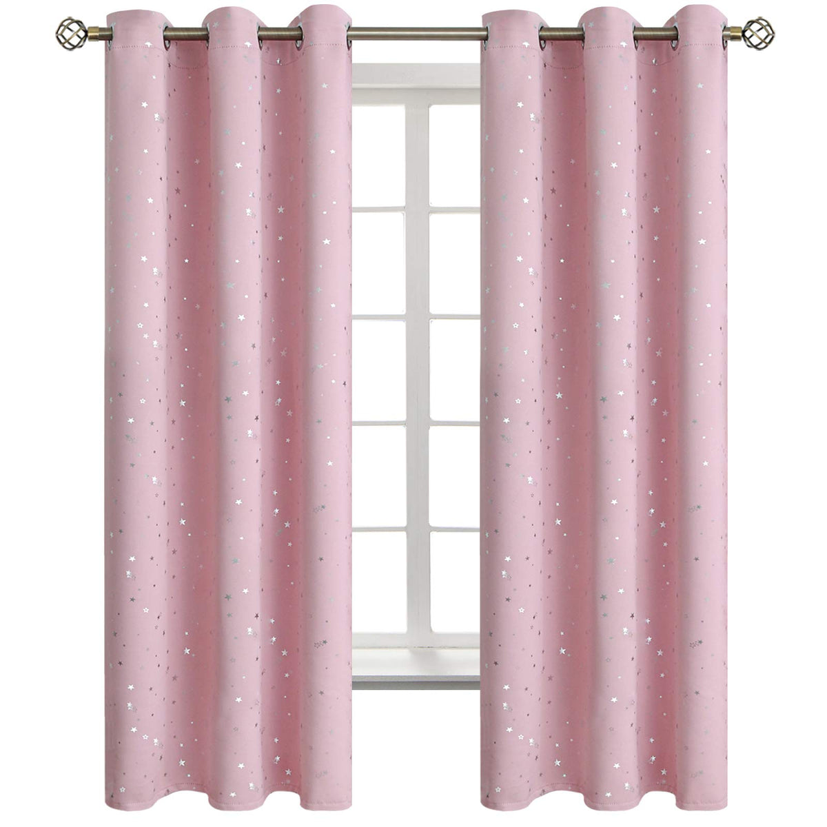 BGment Kids Blackout Curtains for Bedroom - Grommet Thermal Insulated Silver Star Print Room Darkening Curtains for Kids Room, Set of 2 Panels, 42 x 63 Inch, Baby Pink