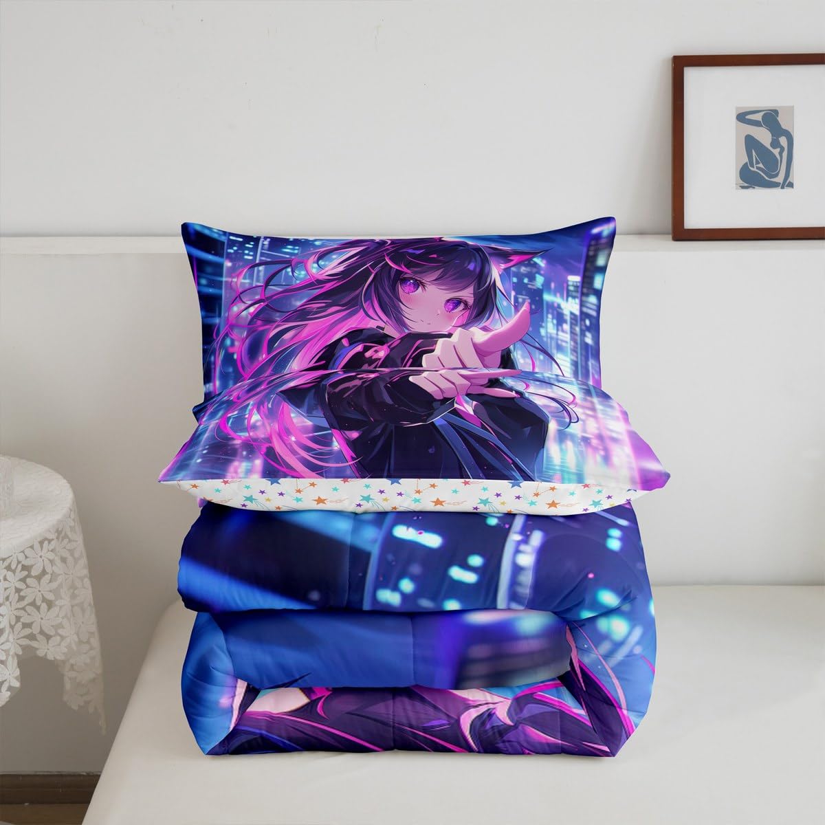 Erosebridal Kids Anime Girl Twin Size Comforter Set, Japanese Anime Bedding Set, Cartoon Girl Quilt for Boys Teens Bedroom Decor, Kawaii Japanese Animation Duvet Insert with 1 Pillow Case
