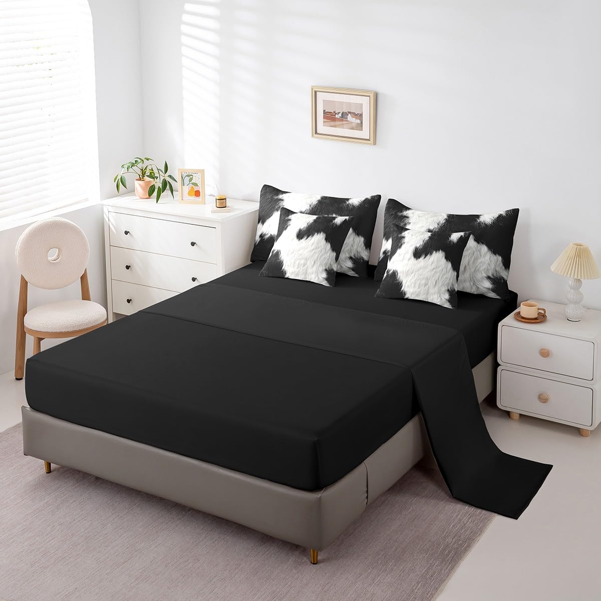 Erosebridal Cute Cow Print Twin Bedding Set 7 Piece for Boys Black White Cowhide Bed in A Bag for Kids Teens Youth Adult Western Farmhouse Fur Comforter Set with Sheetcountry Animal Skin Bed Sets