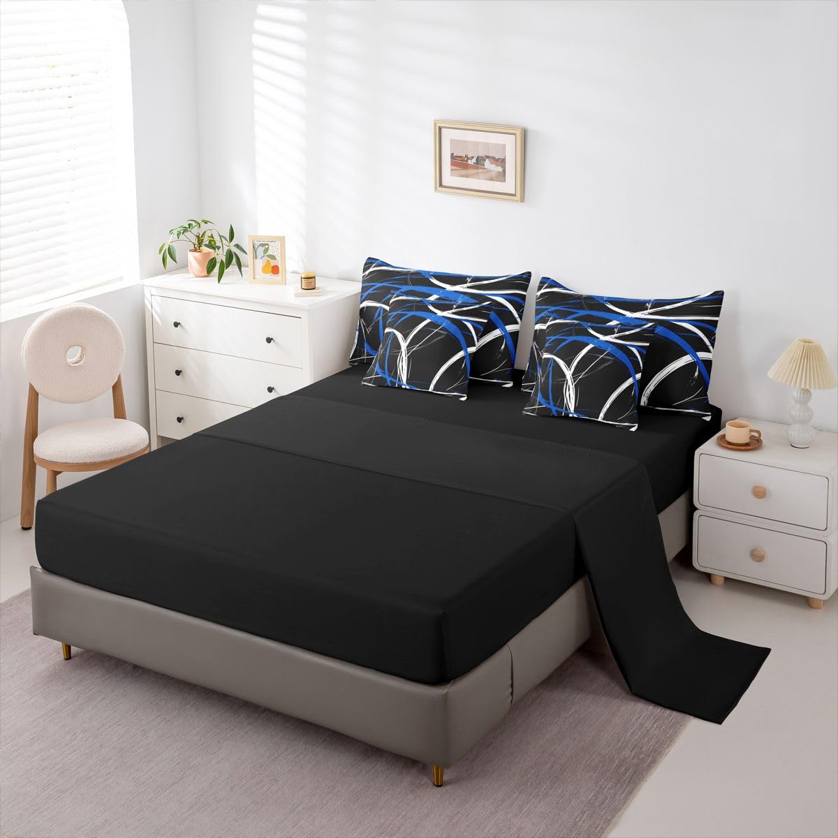 jejeloiu Modern Abstract Comforter Set Full SizeBlue Stripe 7 Pcs Bedding for Kids and AdultsGeometric Aesthetic Boys Girls Bed in a Bag Bed Sheet Sets with Fitted Sheet Pillowcases
