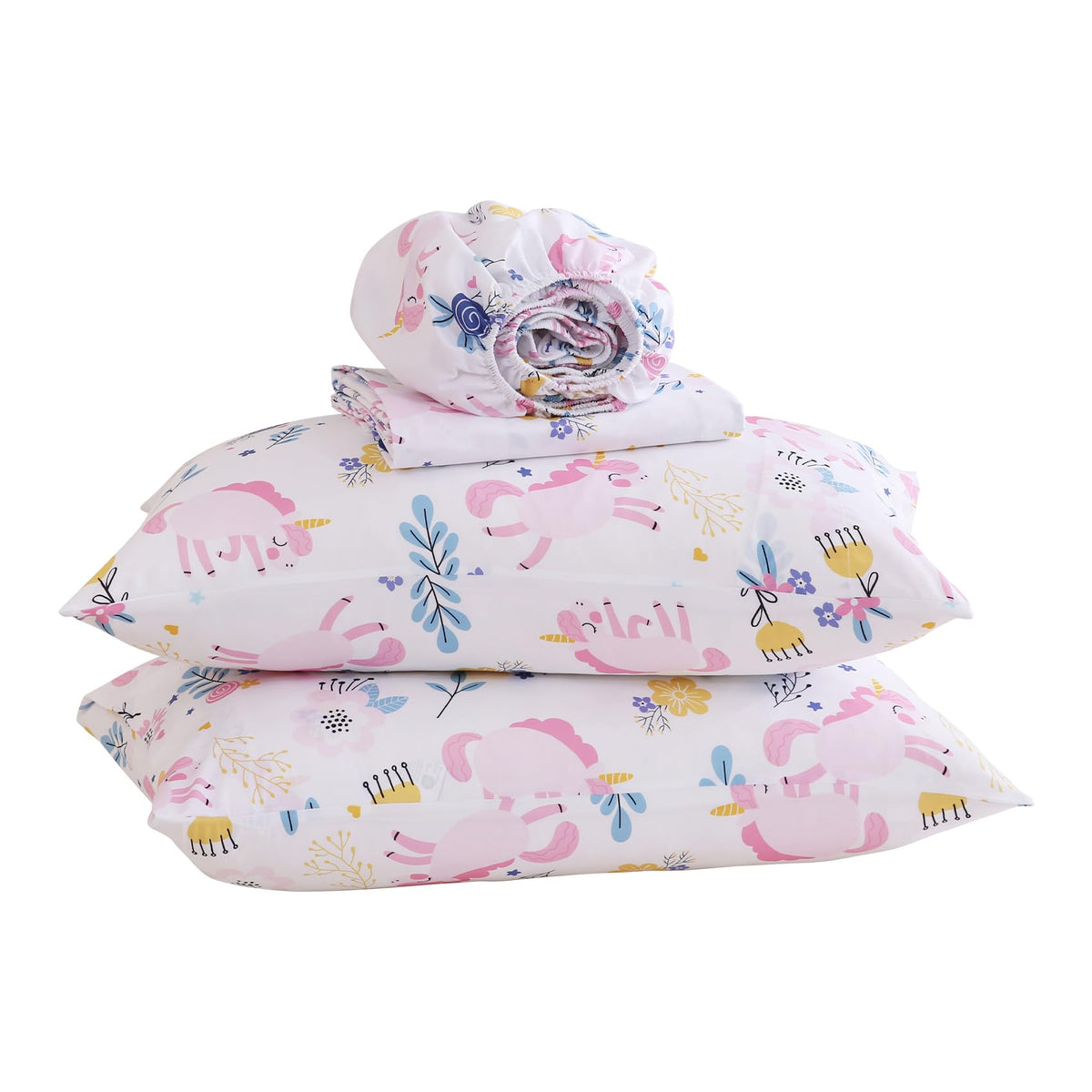 Yibeizi Unicorn Sheet Set for Girls Full, Kids Boho Floral Print Bedsheets Microfiber Deep Pocket Cute Patterned Bed Sheet & Pillowcase Sets 4 Pieces