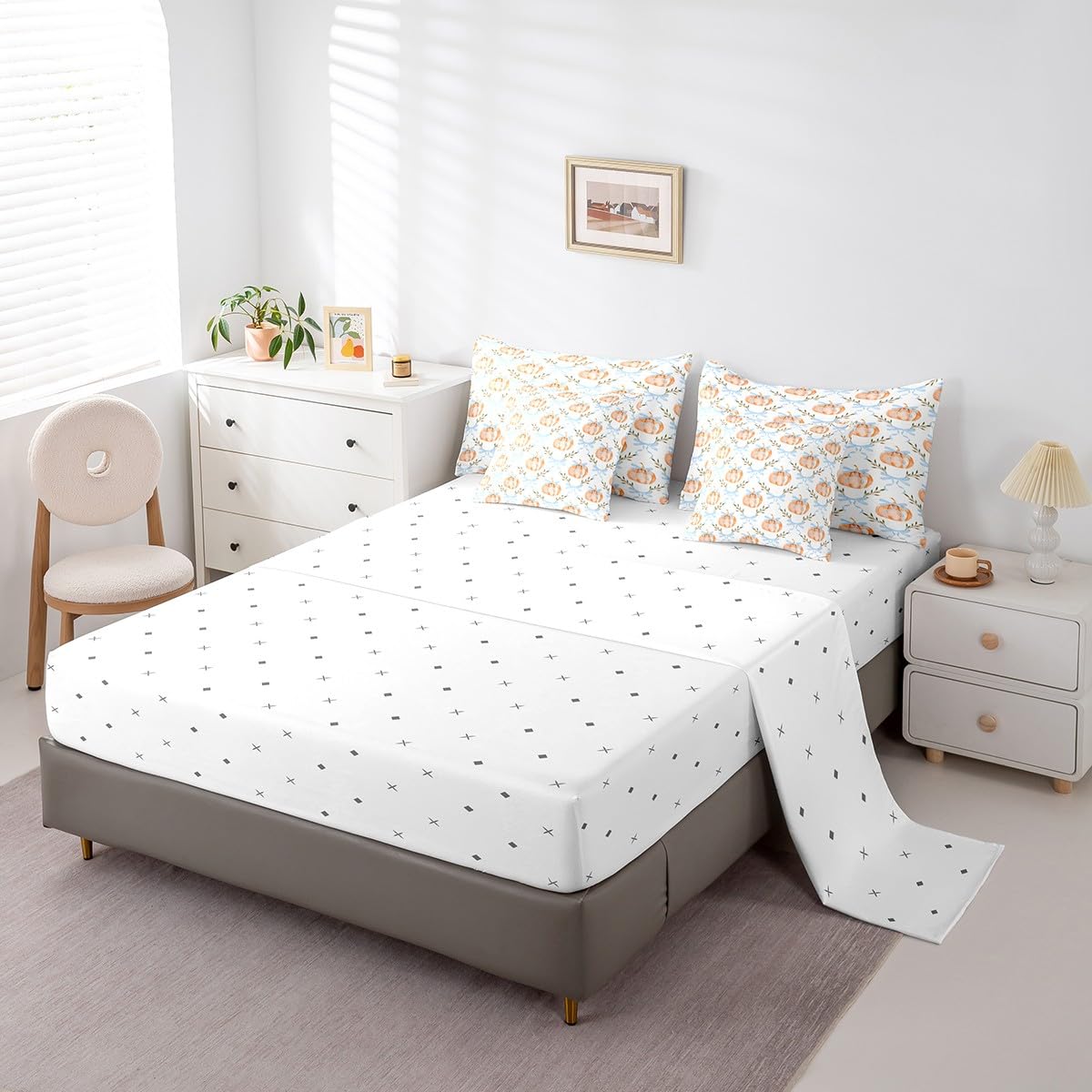 7 Pieces Bow Pumpkin Comforter Set Full Size,Blue Bowknot Lines Bedding Sets Kids Girls Boys Women Palm Leaves Plaid Autumn Plants Quilt + Fitted & Flat Sheets + 2 Cushion Cover + 2 Pillowcases
