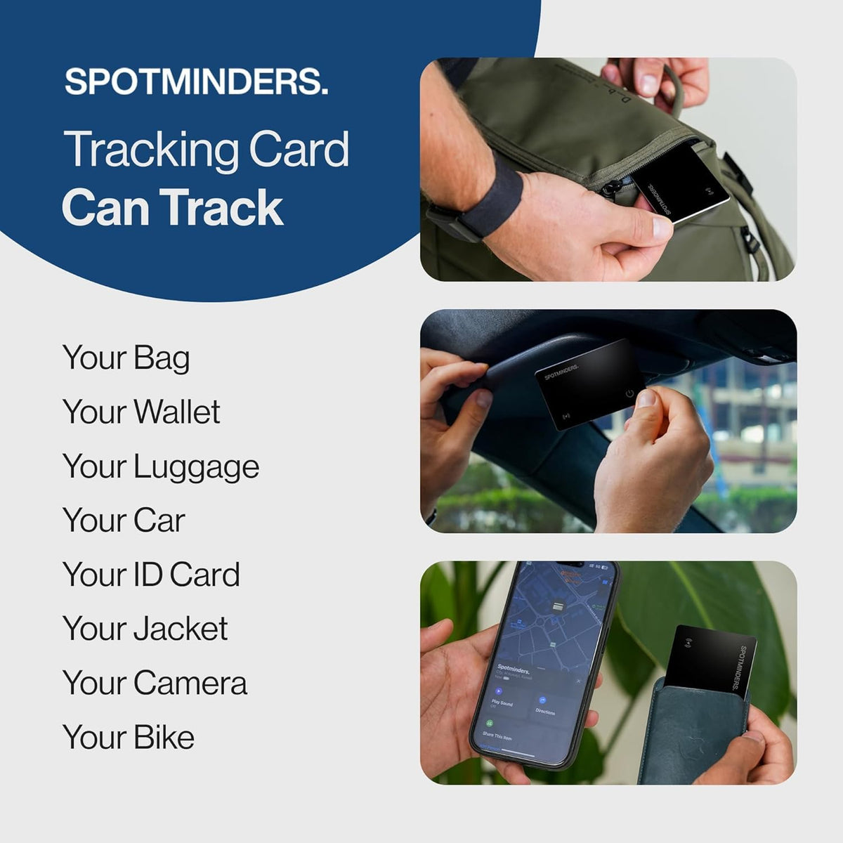 SPOTMINDERS Apple MFI Certified Wallet Tracking Card Black 4-Pack - Works with Apple Find My Rechargeable Tracker IP68 Waterproof 0.07in Slim iPhone Item Finder for Luggage Passport Dad Gifts for Him