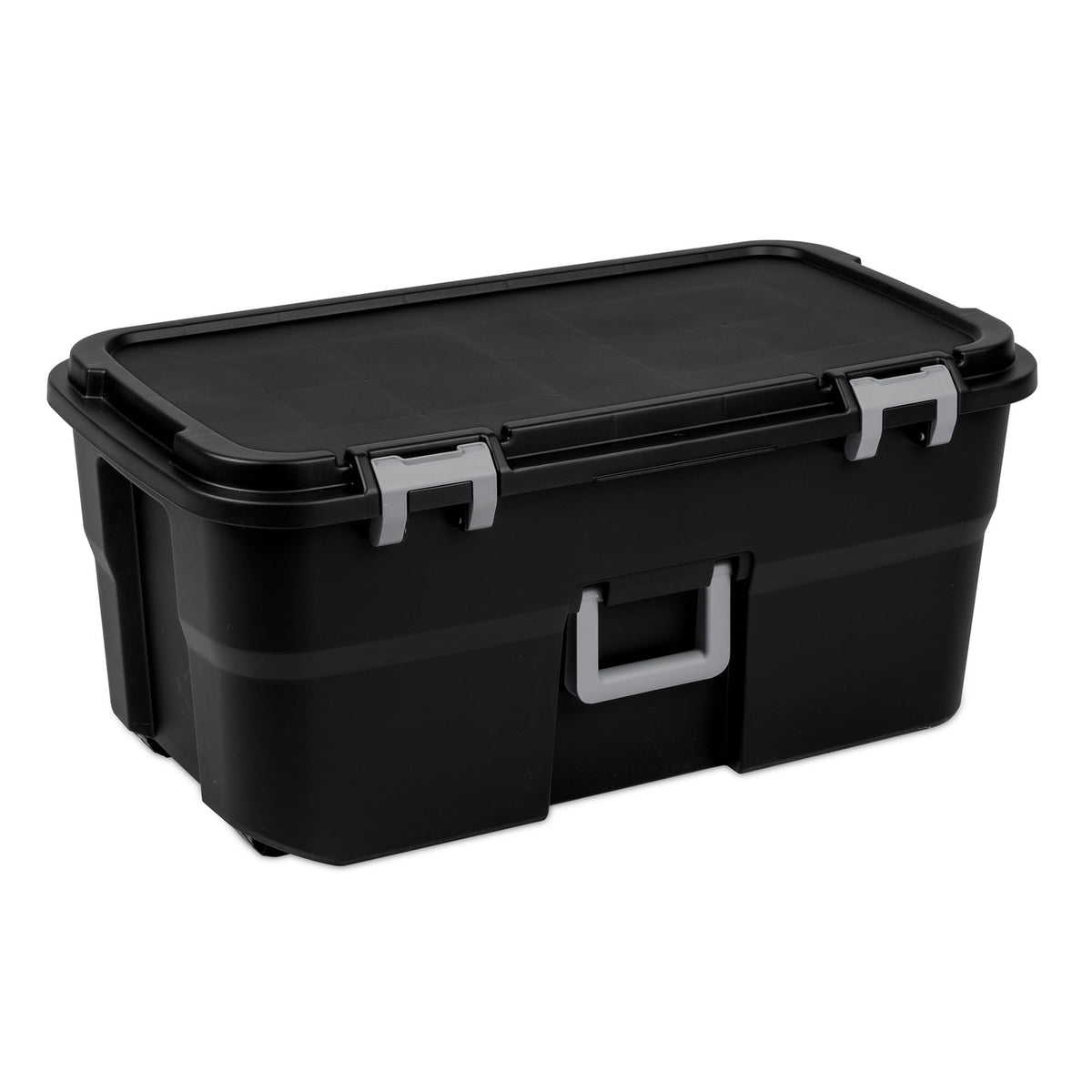 Sterilite 4 Pack Wheeled Footlocker, 22 Gallon Plastic Storage Container with Latching Lid and Handles, Black - Large Stackable Bin Home Organizer