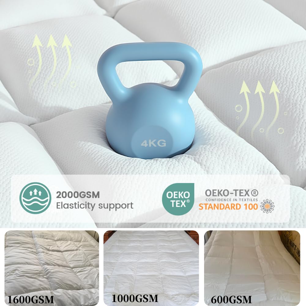 Rainmr Memory Foam Mattress Topper Twin - 2000GSM Pillow Top Mattress Topper Twin Size, Extra Thick Soft Bed Topper for Dorm & Back Pain Relief, White, Oeko-TEX Certified