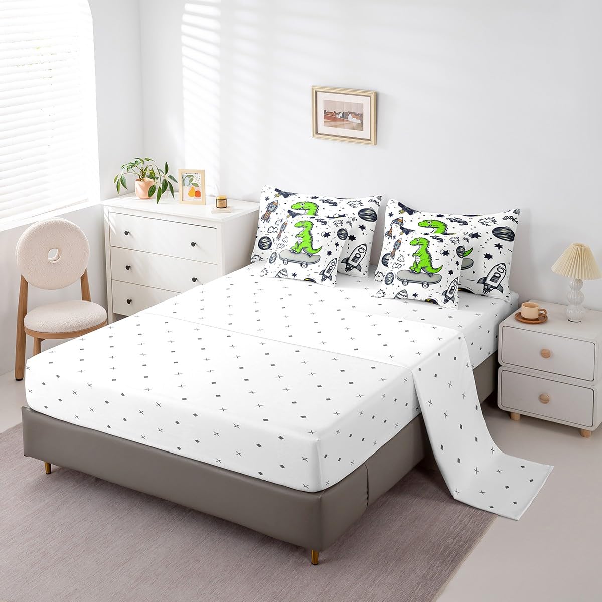 Erosebridal Green Dinosaur Comforter Set 7 Piece Bed in a Bag Twin,Cartoon Dino Kawaii Bedding Sets Cute Wild Animals Sheet Set with Comforter,Galaxy Stars Rocket Bed Set