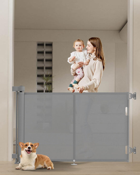 Miumoon 59 inch Retractable Baby Gates 34 inch Tall, Retractable Gate with Reinforced Strip Design to Prevent Crawling Through, 5 FT Retractable Dog Gate for Stairs, Doorways, Hallways, Indoor/Outdoor