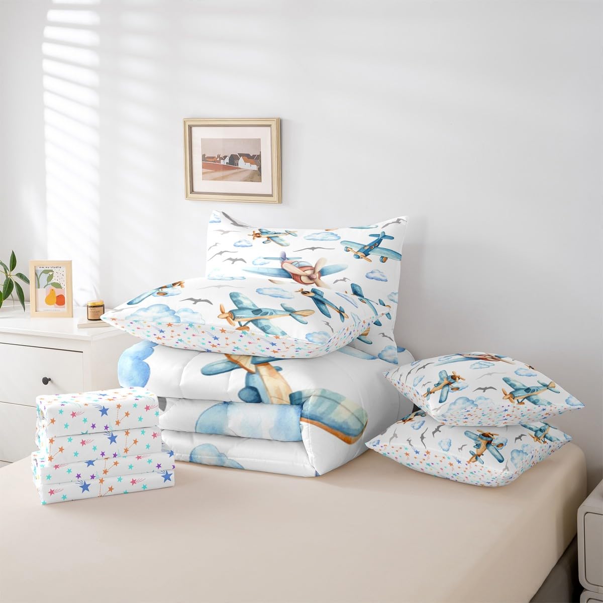 Erosebridal Boys Cartoon Propeller Plane Full 7 Pcs Bedding Set, Aircraft Airplane Comforter Set with Sheets, Blue Clouds Bed in A Bag for Kids Girls Adults Bedroom, Flying Birds Animals Bed Sets