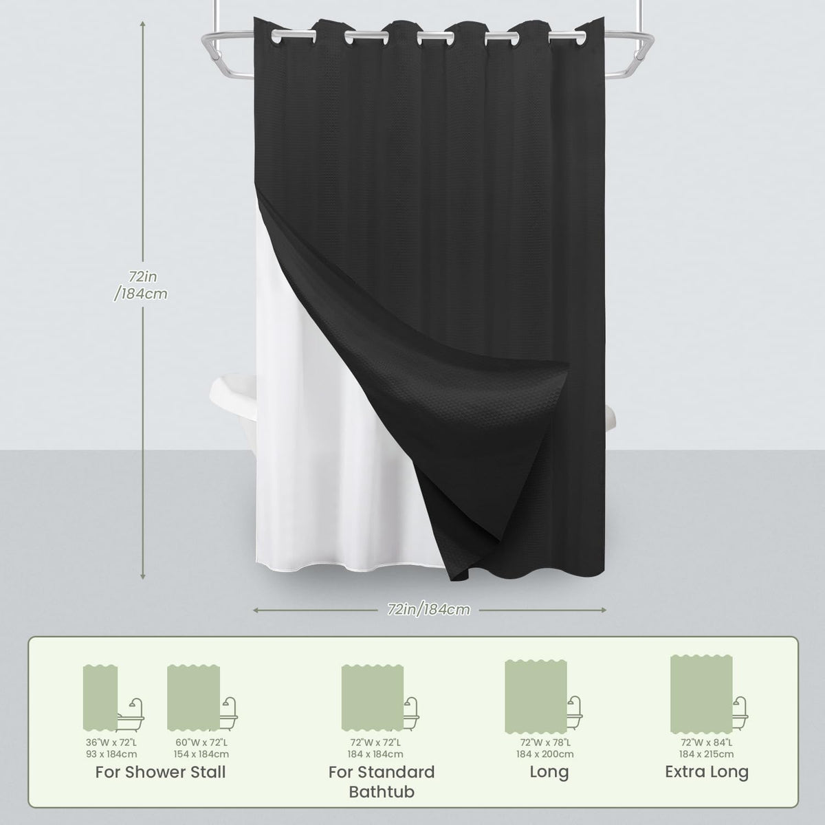 Inhousolu No Hook Shower Curtain with Removable Snap-in Liner, Waffle Weave 230 GSM Polyester, Weighted Hem, Water Repellent Washable, 72 x 72 Inch, Black