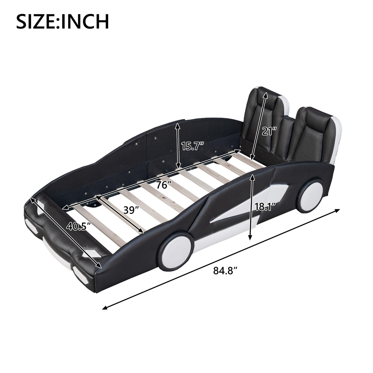 Twin Size Race Car-Shaped Platform Bed with Wheels, Black