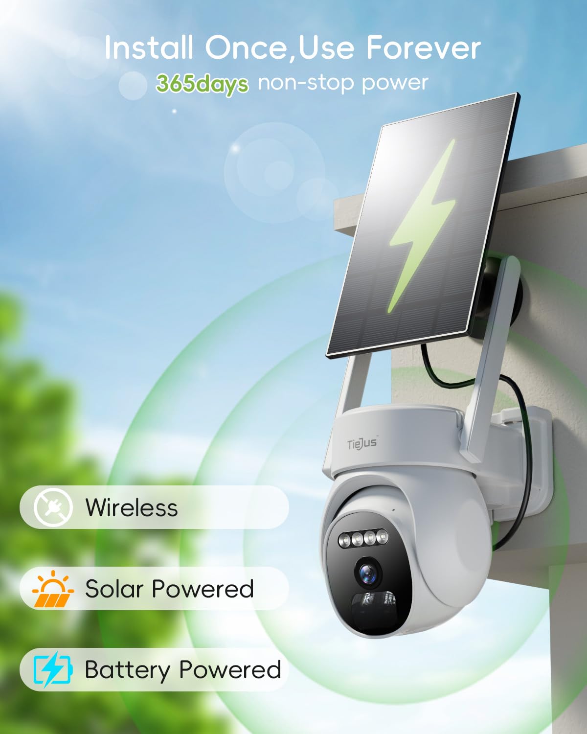 TIEJUS 2.4G/5G Security Cameras Wireless Outdoor, 2K Solar Camera for Home Security, 360° PTZ/3MP Color Night Vision/Battery Powered/2Way Talk/Compatible with Alexa/IP66 Waterproof(2 Pack)