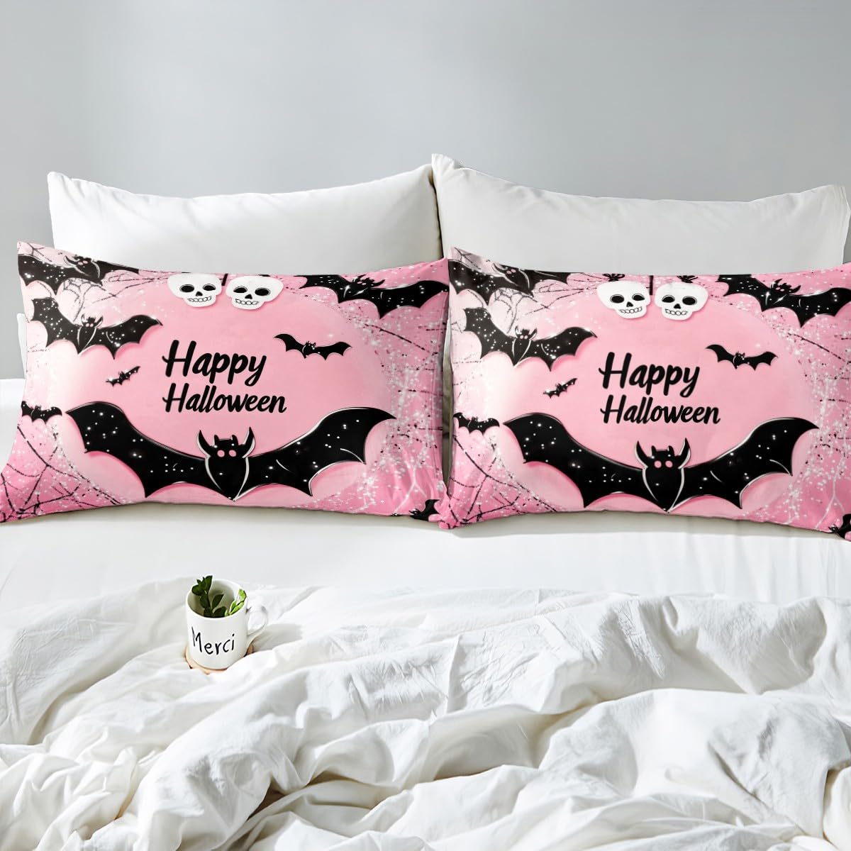 Feelyou Kids Happy Halloween Bed Sheet Set Full Size, Black Bat Bedding Set Boys Girls Pink Fitted Sheet Spider Web Teens Bedroom Decor Lightweight Bed Set (No Flat Sheet)