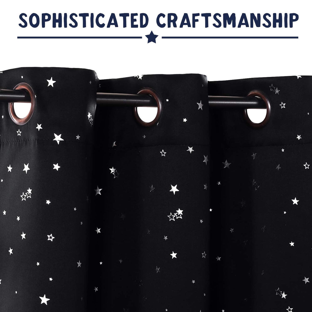 PrinceDeco Blackout Kids Curtains for Bedroom Thermal Insulated Silver Twinkle Star Curtains for Boys Antique Grommet Top Window Treatment 2 Panels Drape for Nursery (52" W x 84" L, Black/Silver)