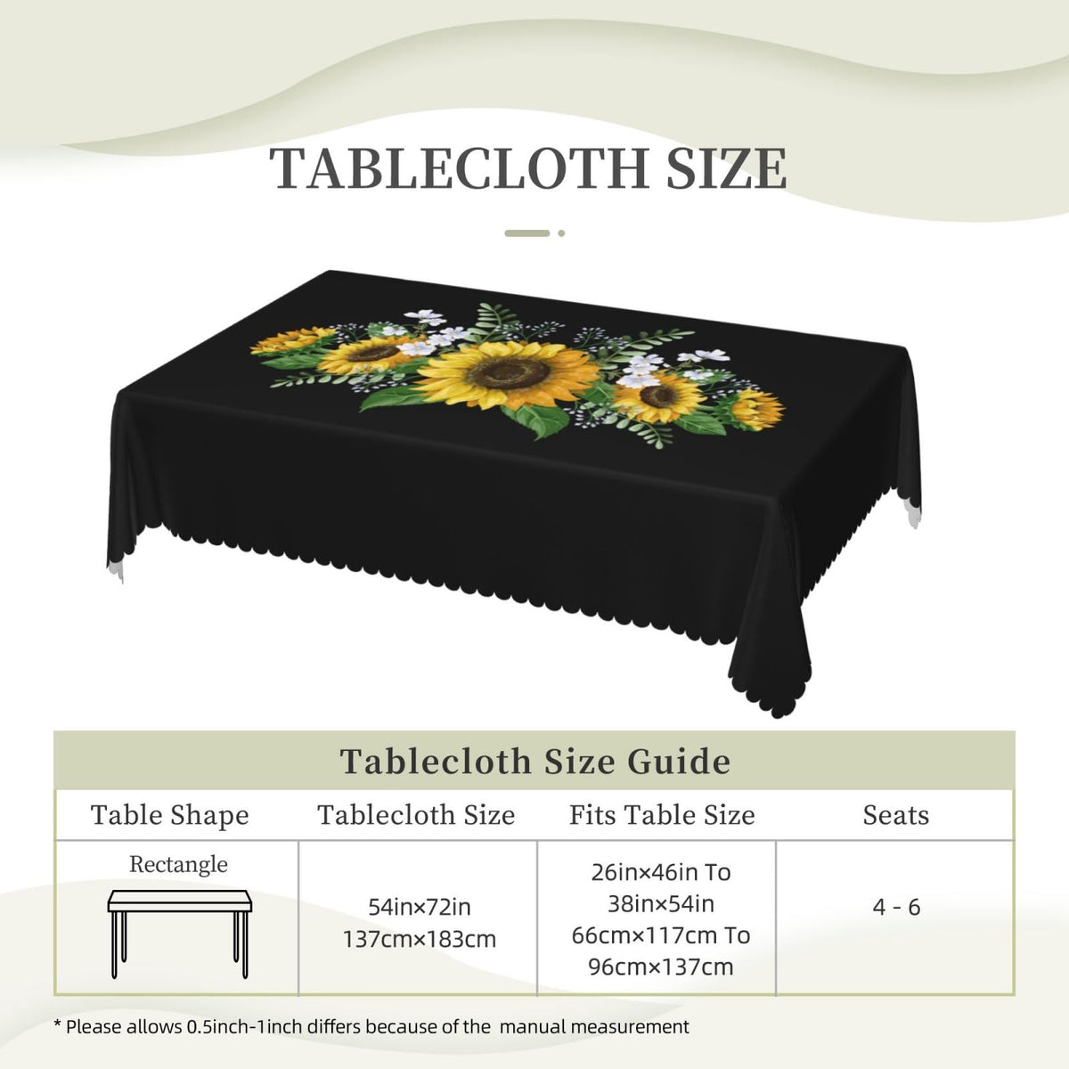 ZYPHORIEL Black Sunflower Rectangle Tablecloths Wild Flowers Table Cloths Dacorative Kitchen Dining Tablecloth for Rectangular Tables,Washable Table Cover for Party 54 x 72 Inch