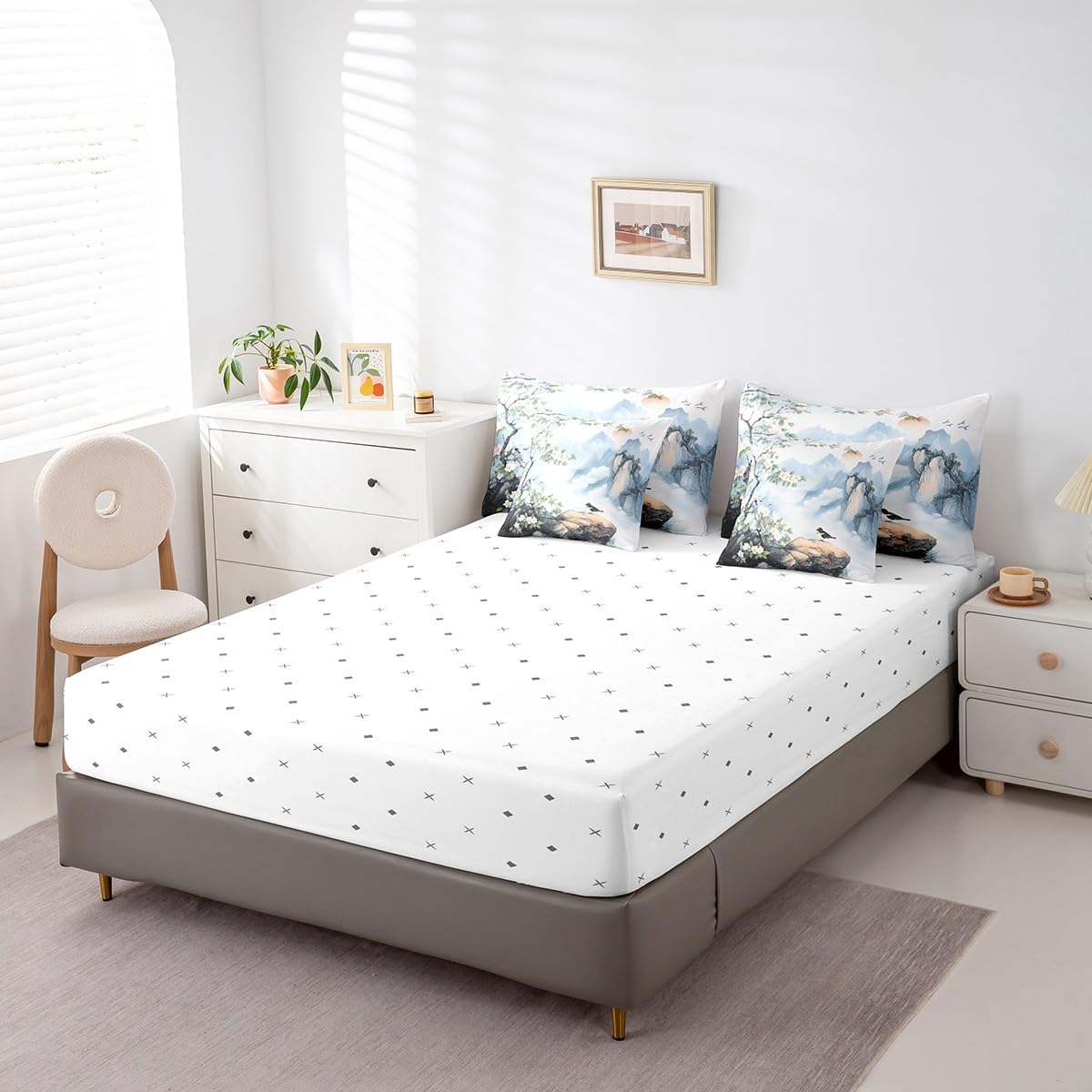 Feelyou Kids Cute Sparrow 7 Pieces Bedding Set Queen Size, Nature Spring Bed in A Bag Boys Girls Floral Botanical Comforter Set with Sheets Smoky Mountain Teens Bed Set Bedroom Decor 7Pcs