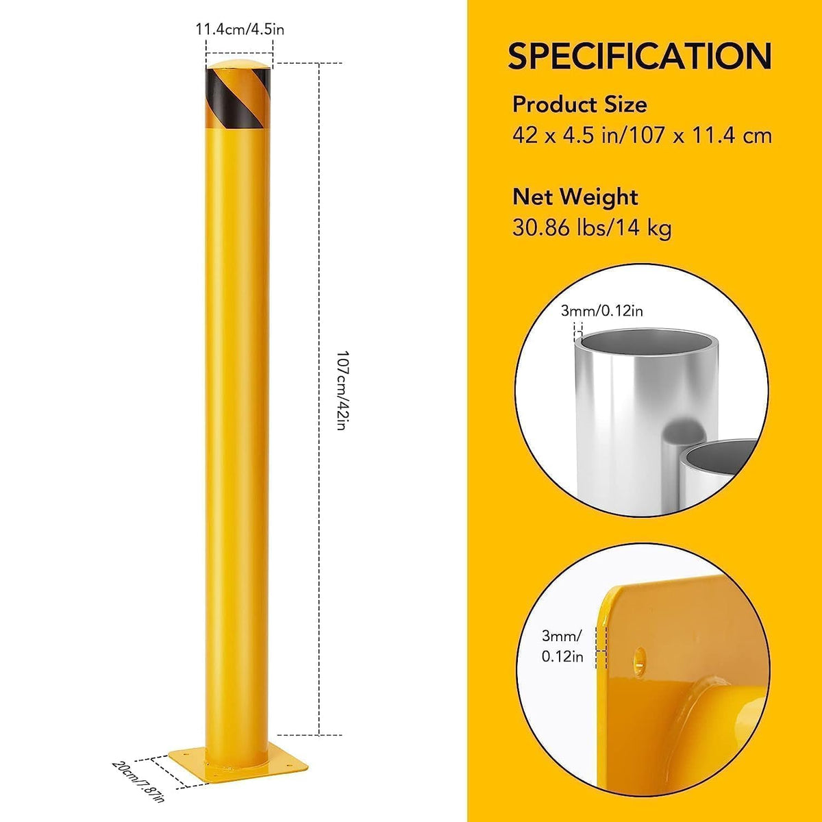 6-Pack 42 Inch Steel Safety Bollard Post, 4.5 Inch Diameter Metal Safety Bollard with 24 Anchor Bolts for Driveway Barrier, Parking Pole, Traffic Control