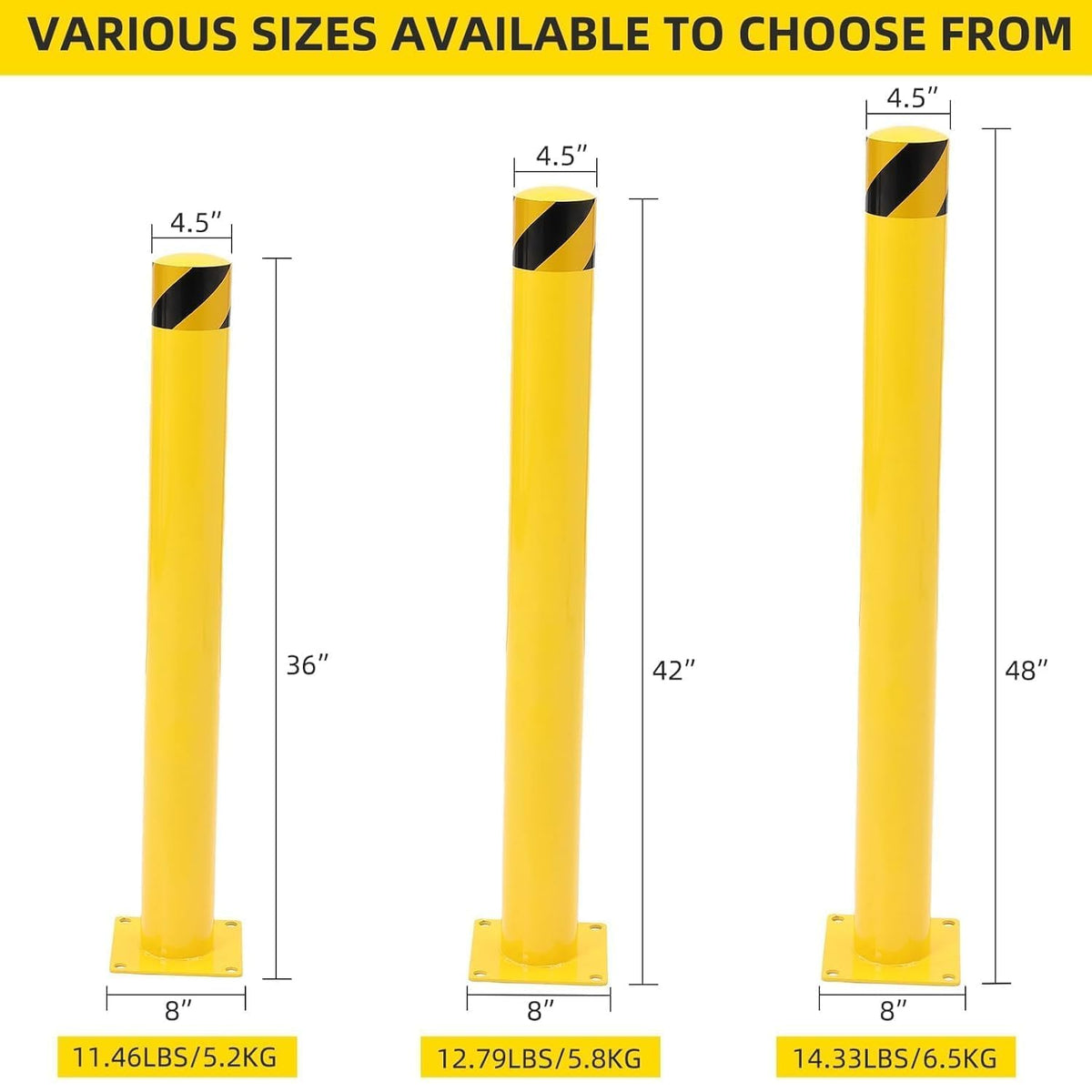6-Pack 48 Inch Steel Safety Bollards, 4.5 Inch Diameter Parking Bollard Post with 24 Anchor Bolts, Yellow Safety Steel Bollard Post for Driveway Barrier, Traffic Control & Storefront Protection