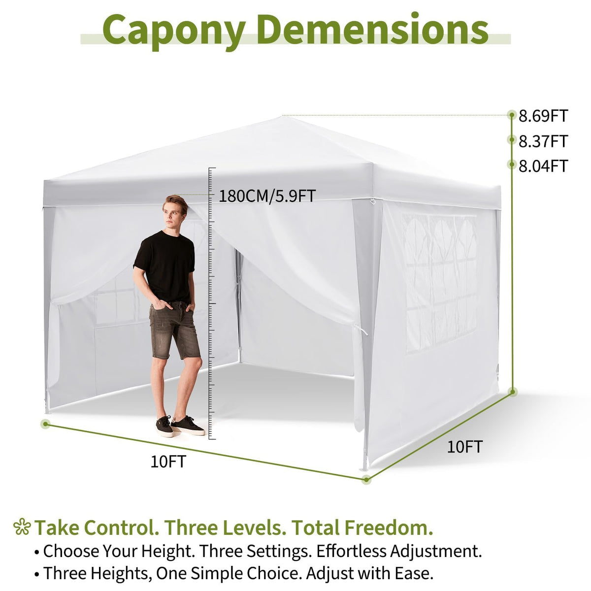 White 10x10 Pop-Up Canopy Tent with 4 Sidewalls – Portable Instant Shelter, Waterproof Outdoor Gazebo for Camping, Parties, Backyard & Beach Activities