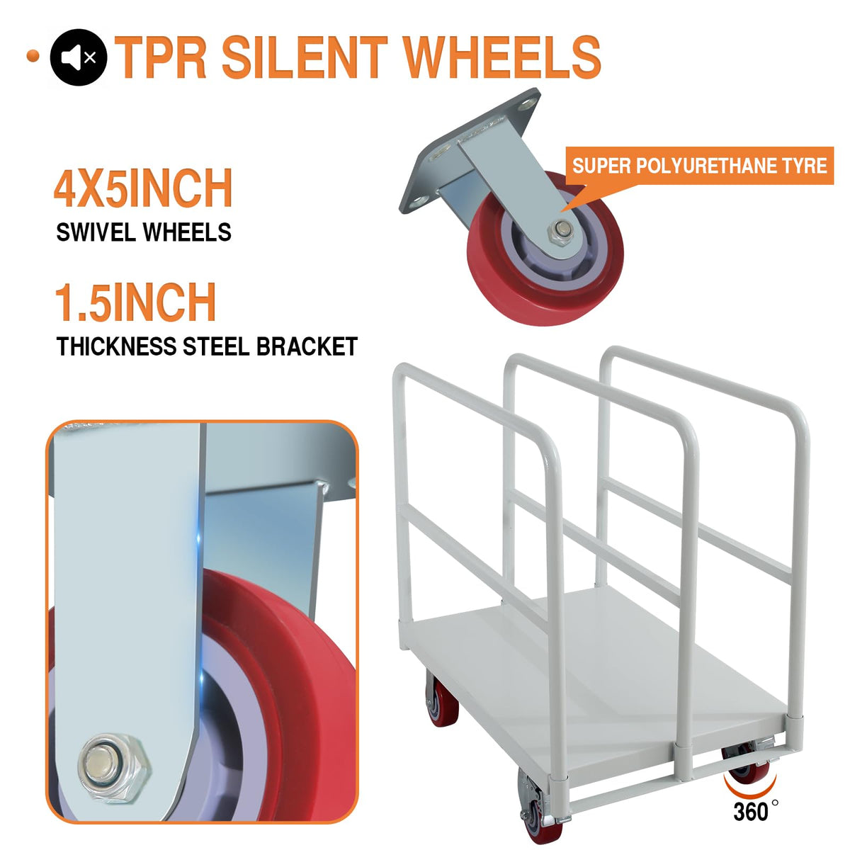 Steel Panel Truck Carts 2500 LBS, Heavy Duty Platform Truck Cart with 3 Side Handrails, Lumber Carts Drywall Flatbed Cart with 4 Rubber Swivel Casters for Loading and Storage
