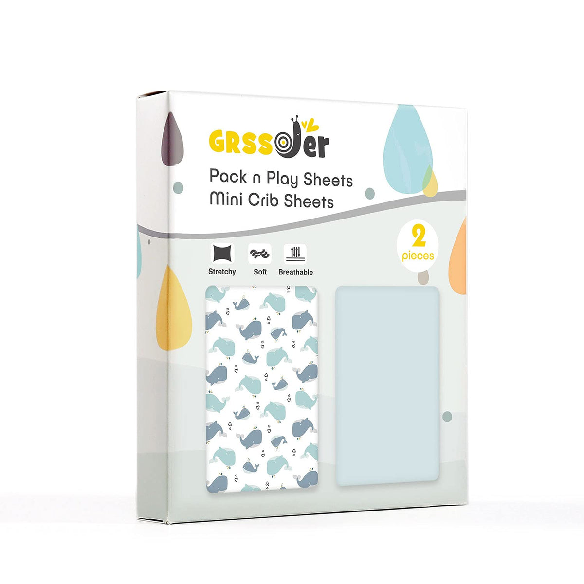 GRSSDER Stretchy Ultra Soft Jersey Knit Fitted Pack n Play Sheets Set 2 Pack, Portable/Mini Cribs Playards Sheets, Universal Fitted Pack and Play Mattress Sheets, Lovely Whale for Girls and Boys