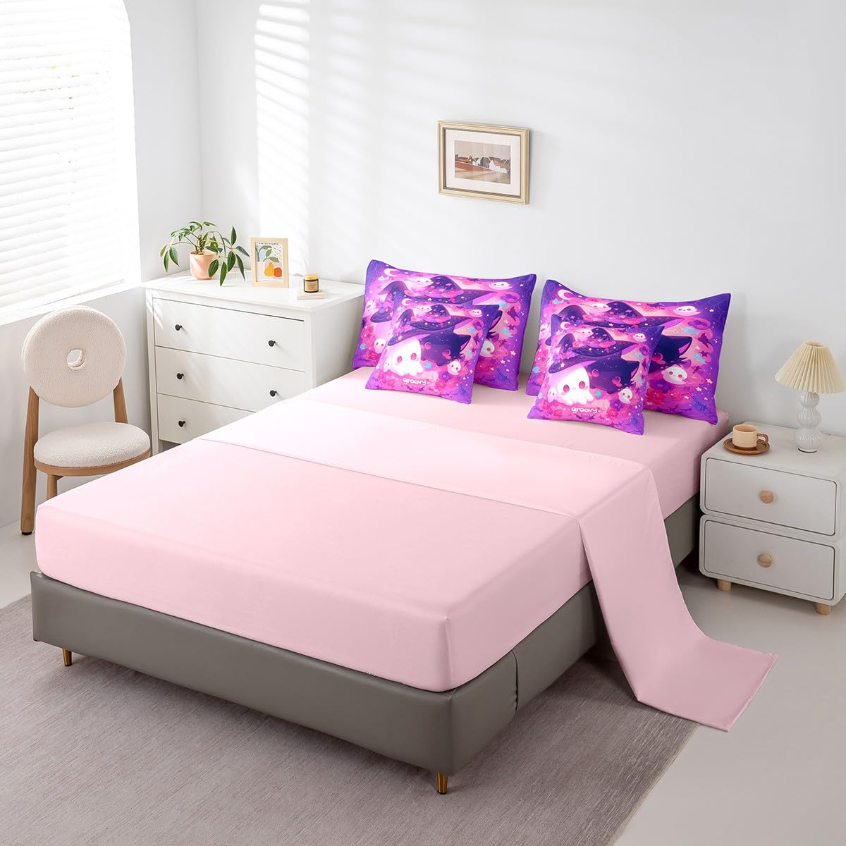 Feelyou Happy Halloween Comforter Set with Sheets Twin Cute Groovy 7 Piece Bedding Set for Kids Boys Girls Teens Sweet Purple Bed in a Bag Bat Bed Set