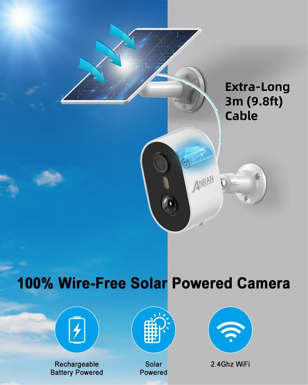 ANRAN 5MP Solar Security Cameras Wireless Outdoor for Home Security, Color Night Vision WiFi Surveillance Home Camera with Solar Panel, Spotlight, PIR Detection, 2-Way Talk, 2 Packs
