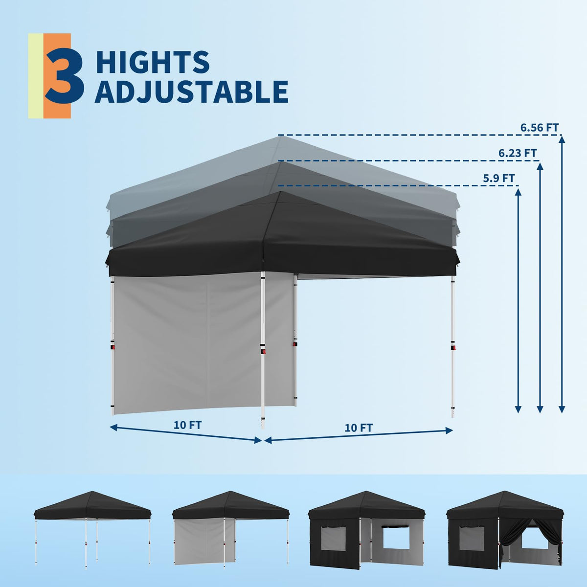 GarveeLife 10x10 Pop Up Canopy with One Sidewalls - Easy Up Camping Tent with One Button Push Setup - 1 Roller Bag, 3 Adjustable Height, 4 Weight Bags for Deck, Garden, Sports, Beach, Party - Black