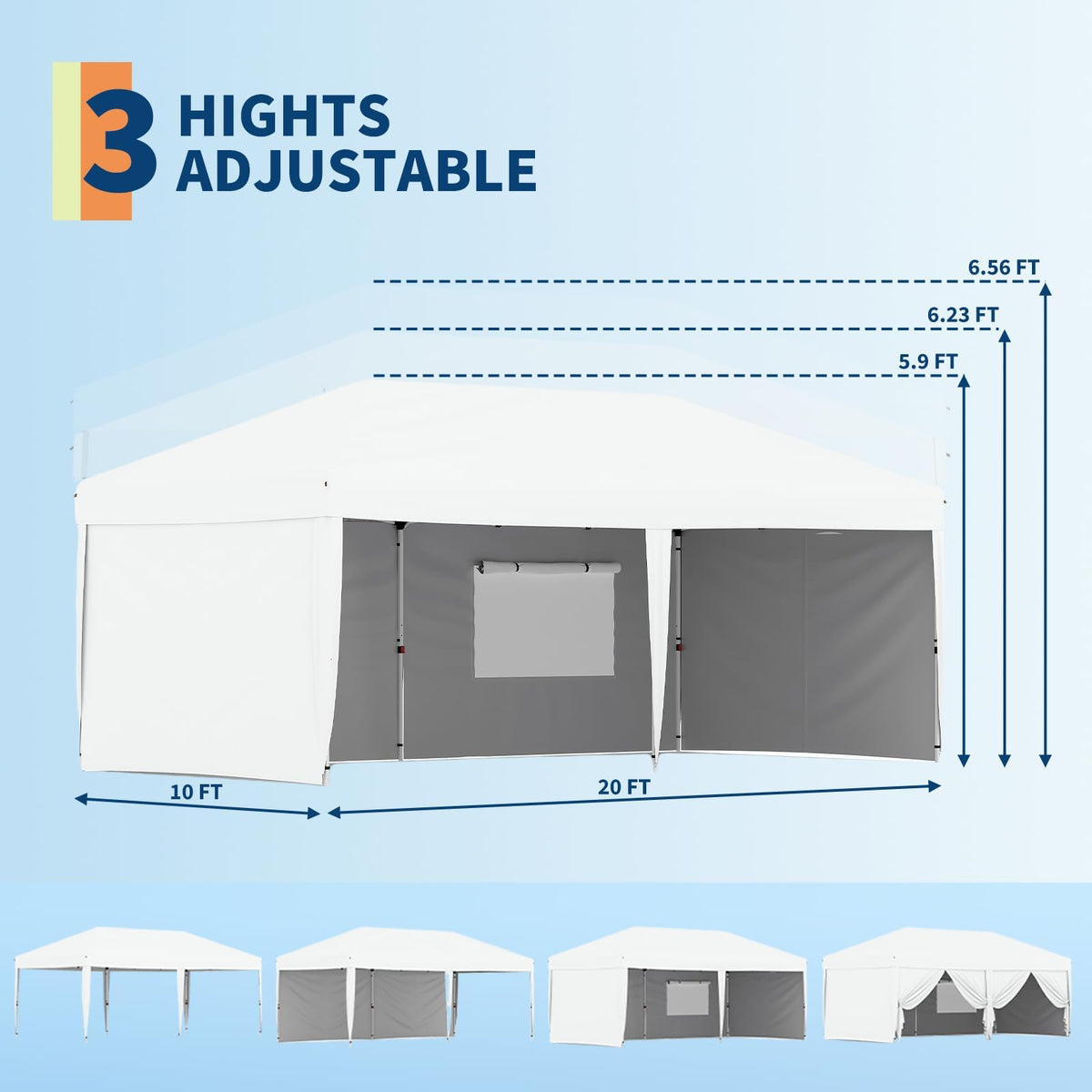 10x20Ft Pop Up Canopy Tent, One Push Setup Instant Beach Tent, Outdoor Canopy with 4 Sidewalls & Roller Bag, Includes Sandbags, Adjustable Height, Waterproof, Sun Shelter for Events, Camping, White