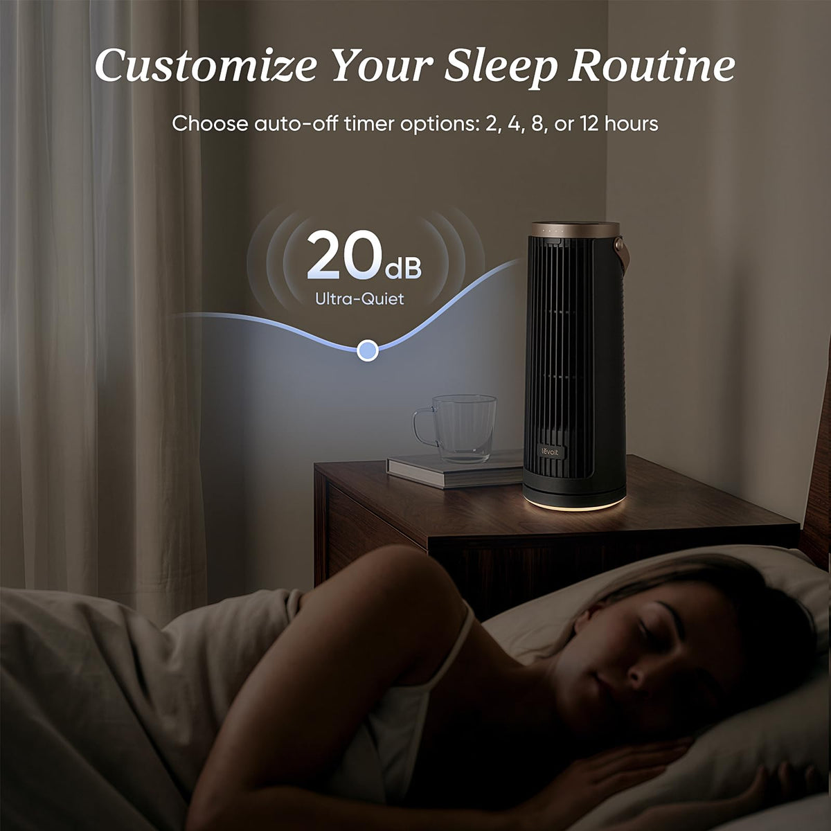 LEVOIT Tower Fan for Bedroom, 20dB Portable Fan with 23ft/s, Up to 20-Hour Battery Life, Easy-to-Carry Desk Fan, 5 Speeds 90° Oscillation, DC Motor, Night Light & Timer, Remoter, for Outdoors, Home