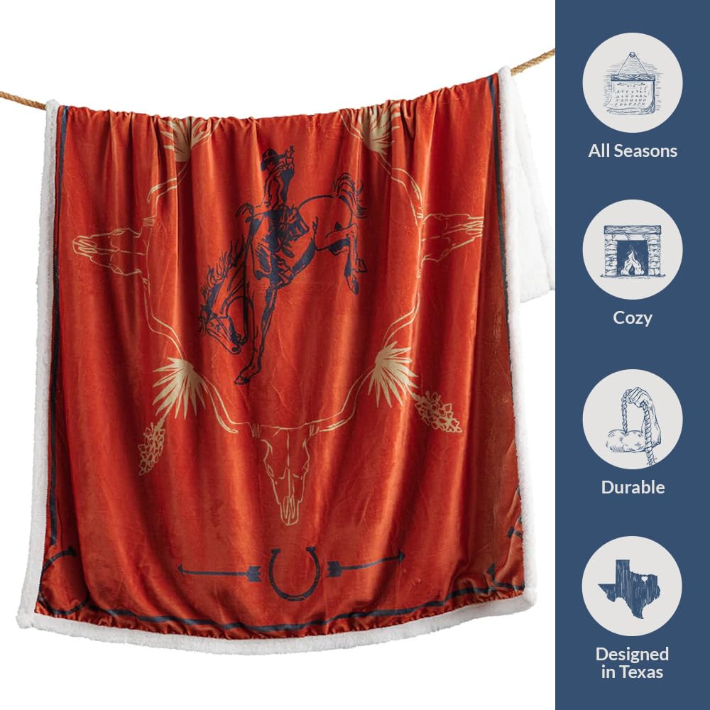 Indigo Hill by HiEnd Accents Marfa 3 Piece Sherpa Western Throw Blanket Set, Cowboy Longhorn Scull Print, Western Blanket with Horseshoe Print Western Pillows, Southwest Style, 1 Throw and 2 Pillows