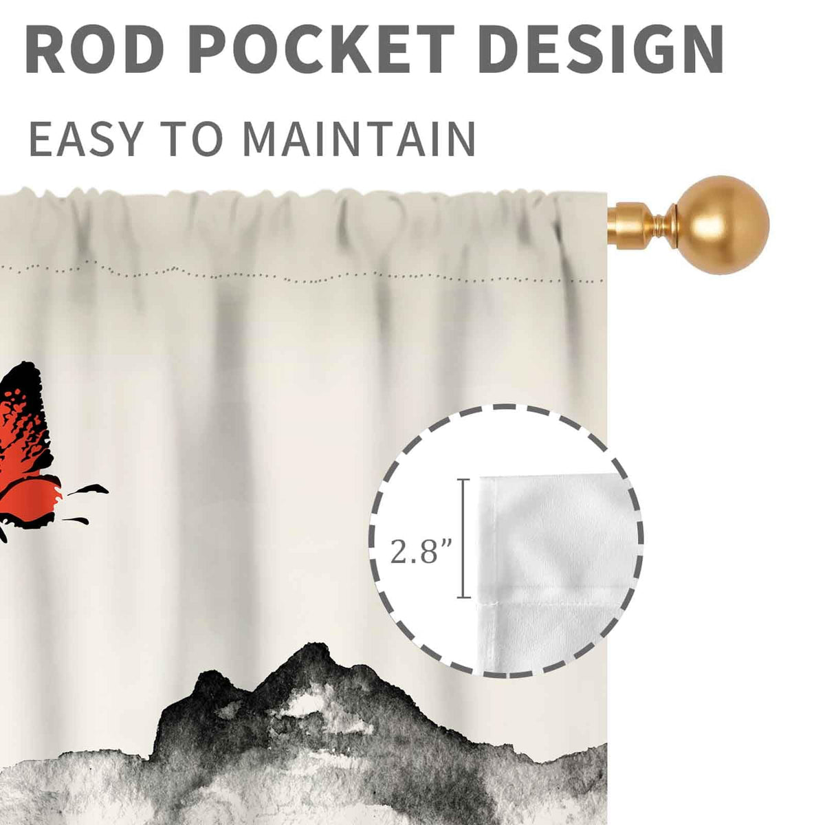 Japanese Curtains, Traditional Ink Painting Black Fluffy Cat Red Cherry Blossom Floral Branch Oriental Asian Style Nature Mountains Printed Drapes for Bedroom Living Room Bathroom Window, 42"x45" Inch