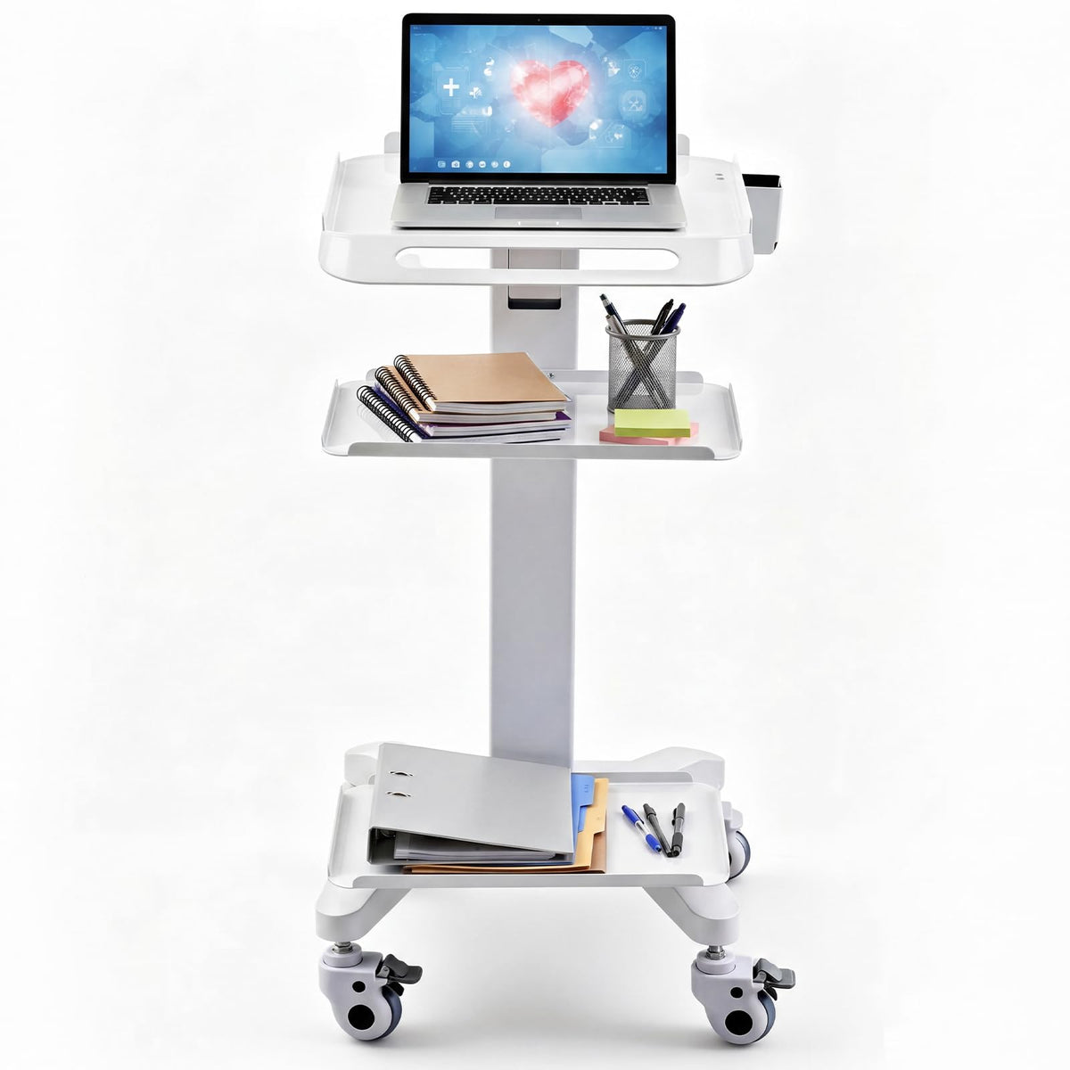 DaisyInner Adjustable Mobile Medical Cart with Wheels, Laptop Rolling Cart with Storage Basket Large Tabletop Medical Trolley Workstation for Hospital, Lab Use (3 Tier)