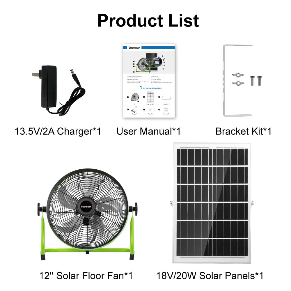COORHEIX 12'' Solar Powered Floor Fan Rechargeable, 18000mAh Battery Operated Fan 5-Blade Portable Outdoor Fan 360° Tilt for Outside, Greenhouse, Camping, Shed
