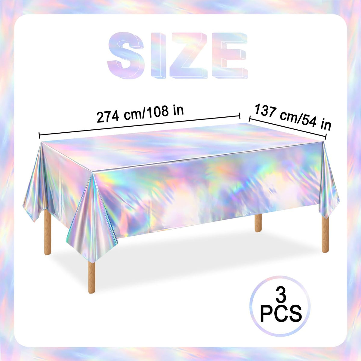 NKPDAXM 3 Pack Iridescent Tablecloths, Shiny Disposable Foil Plastic Holographic Table Covers for Rainbow Disco Bachelorette Bridal Wedding Party Decorations, 54" x 108"