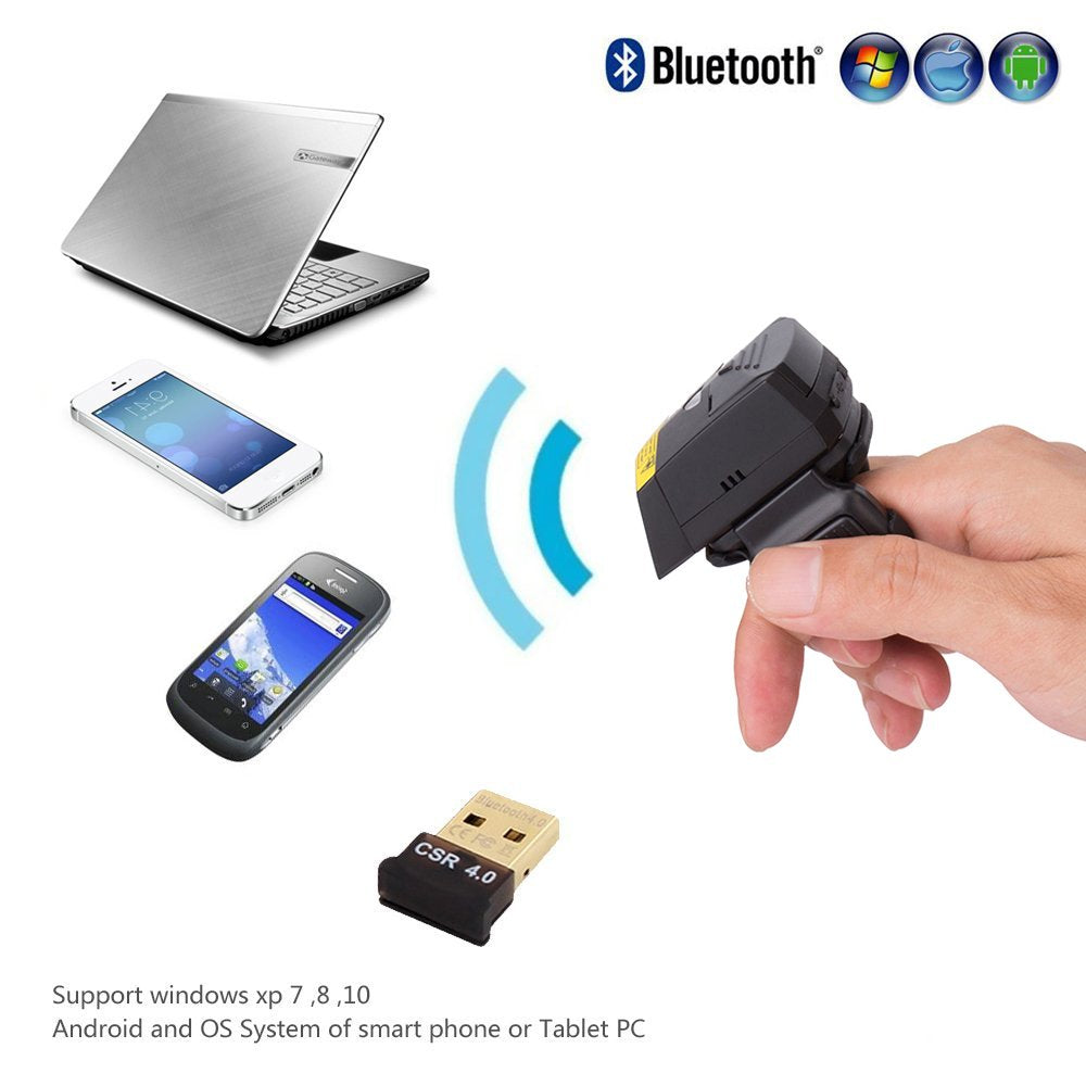 Posunitech Ring Barcode Scanner 1D Reader Mini Wireless Finger Barcode Scanner Compatible with Mac OS, Windows, Android 4.0+, iOS