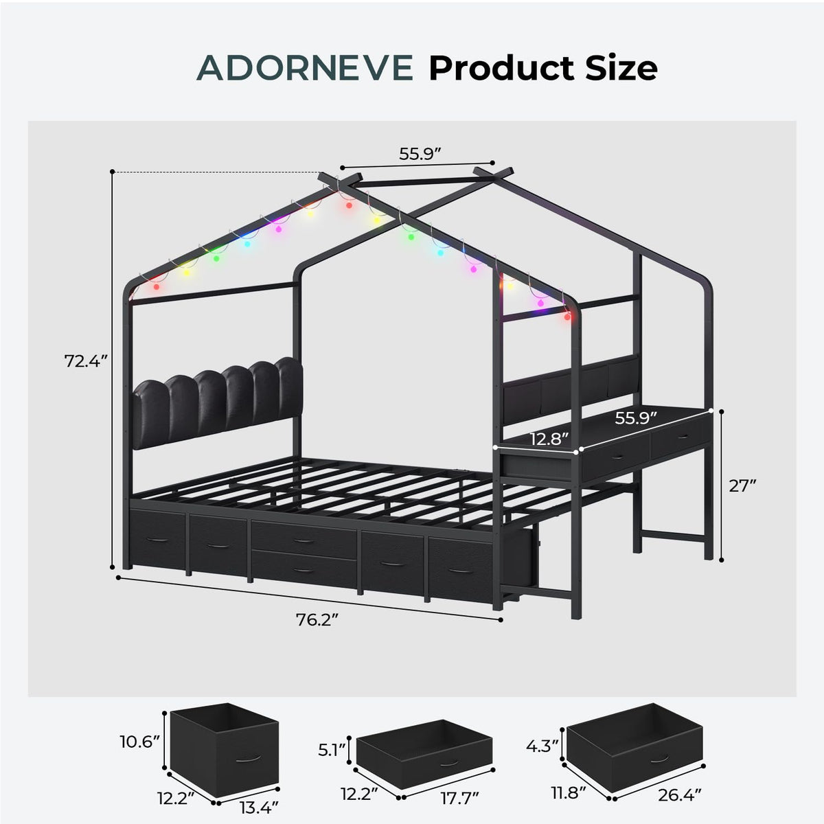 ADORNEVE House Bed with Desk,Full Kids Bed with Globe String Lights,Black