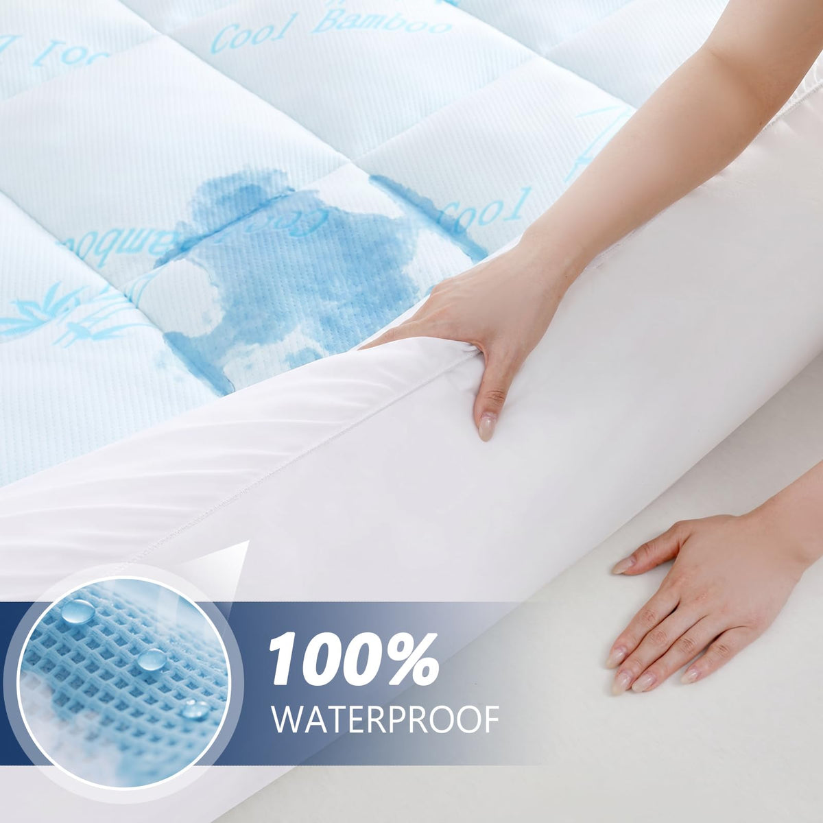 DOWNCOOL 100% Waterproof Queen Mattress Topper, Cooling Pillow Top Memory Foam Mattress Topper for Hot Sleepers, Viscose Derived from Bamboo, Deep Pocket Fits 8-21 Inch