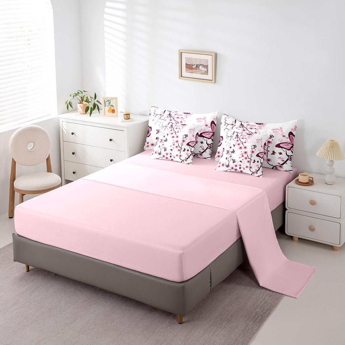 Erosebridal Cherry Blossom 7 Piece Comforter Set Queen Bed in a Bag,Spring Elegant Flowers Butterfly Bedding Set for Girls Women,Girly Japanese Style Quilt Duvet,Botanical Floral Bed Set,Pink Purple