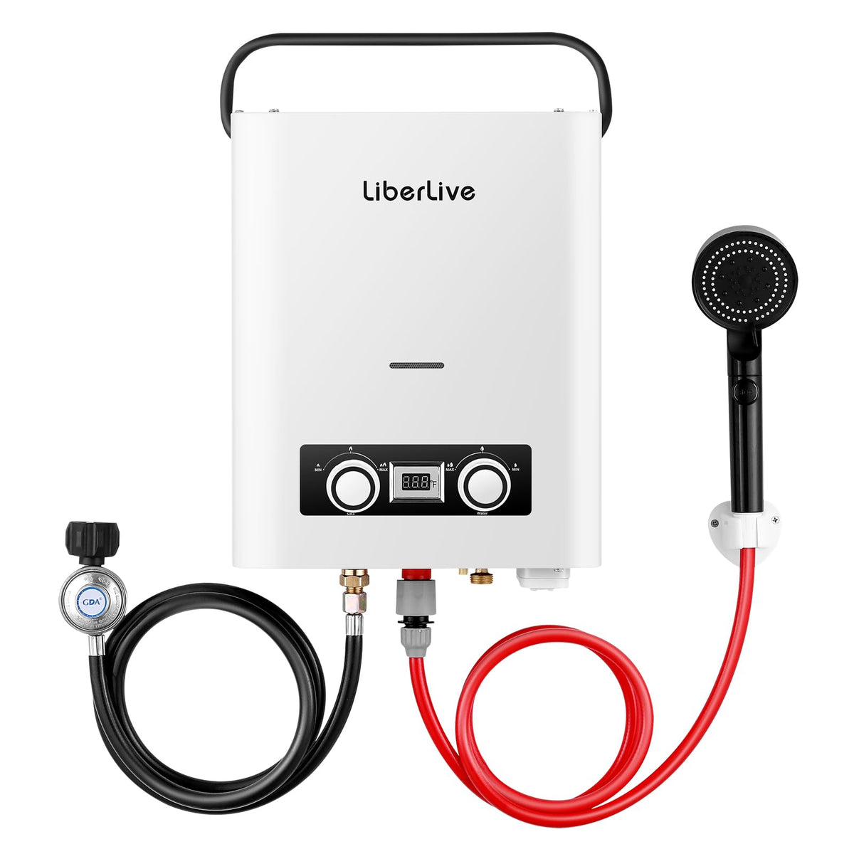 Propane Tankless Water Heater, 5L 1.32 GPM Outdoor Portable Gas Instant Hot Water Heater with Digital Display Overheating Protection, for Camping Barn Cabin RV White