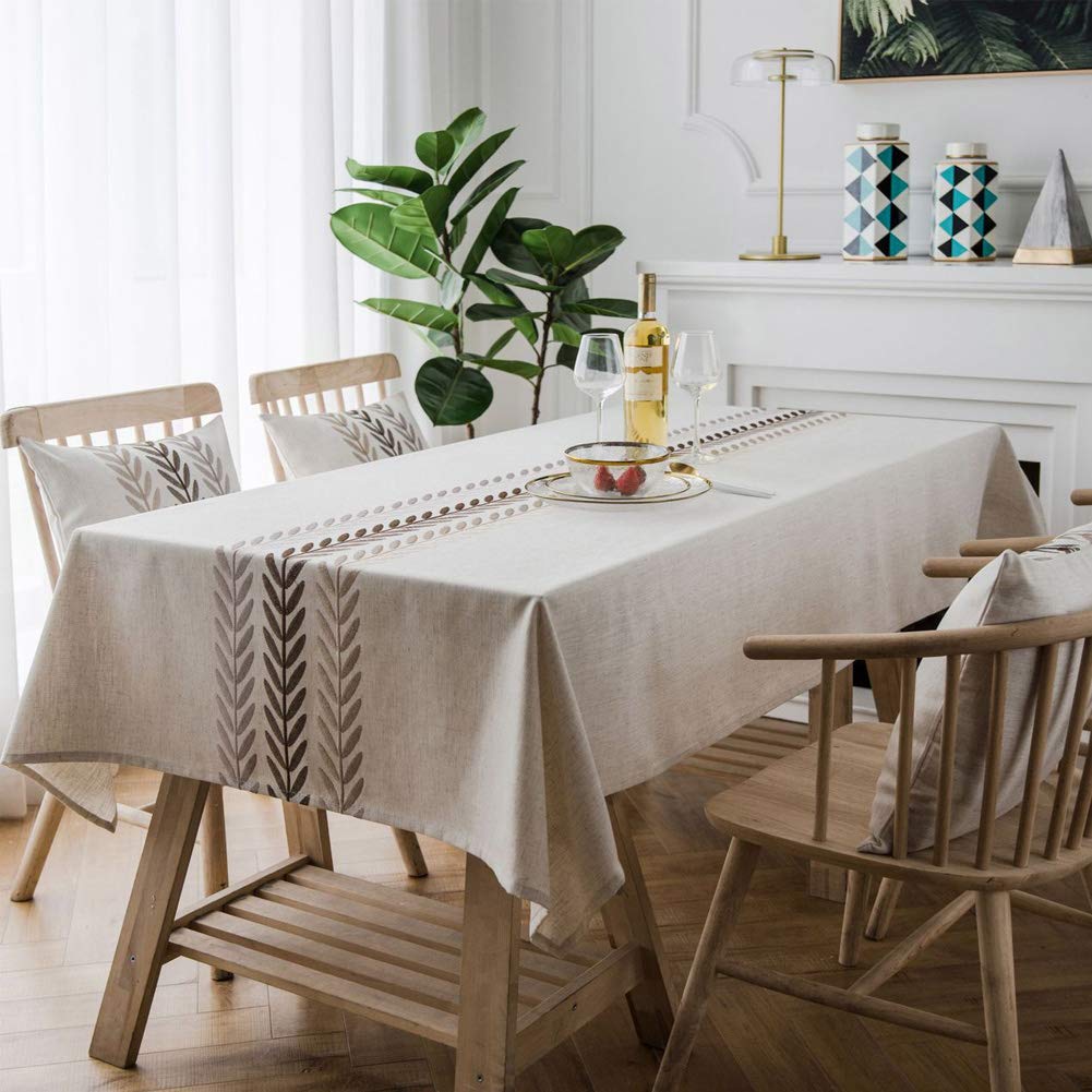 AMZALI Elegant Embroidery Spill-Proof Water Resistance Table Cloth Wrinkle Free Heavy Weight Cotton Linen Tablecloth Fabric Table Cover for Outdoor Indoor (Square 53 * 53 Inch)