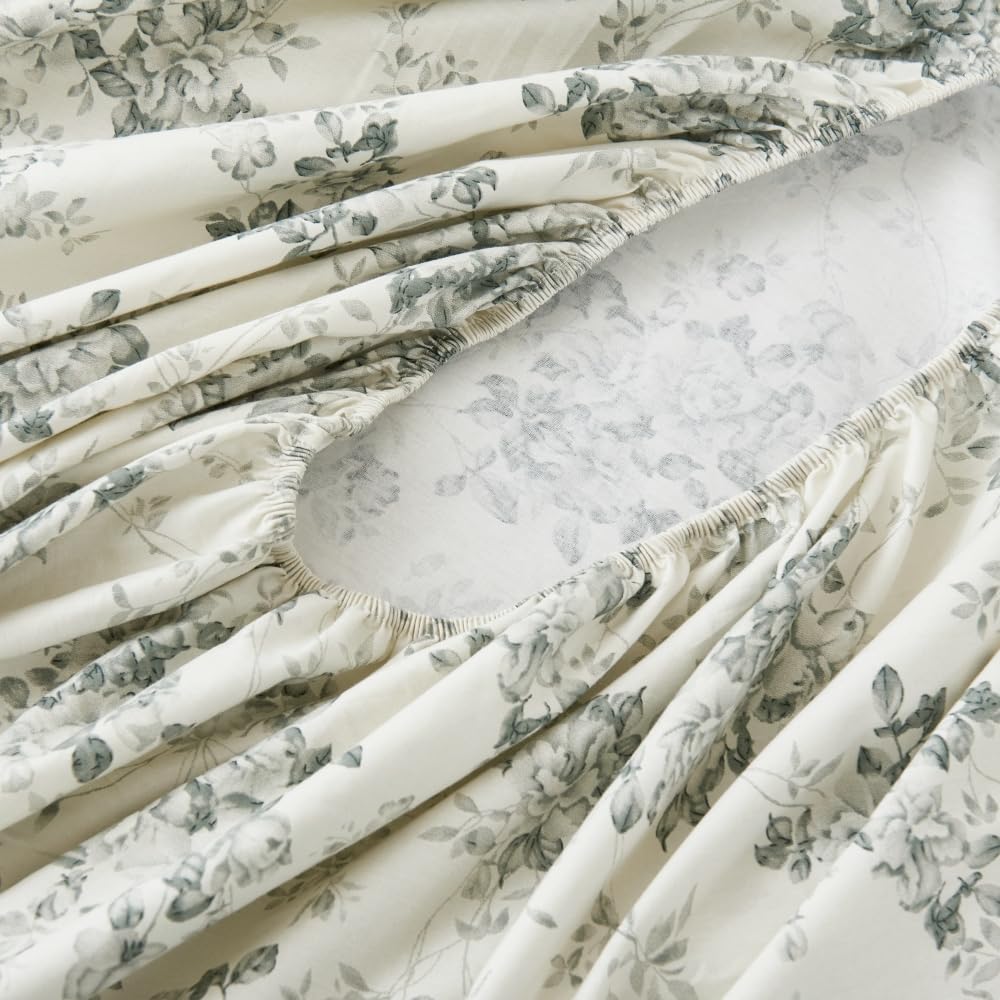 DAUAOTO 100% Cotton Bedding Printed Sheets Set for Queen Size Bed Up to 14" Deep Mattress, Toile Rose Floral Pattern Bedlinen Sets, Gray