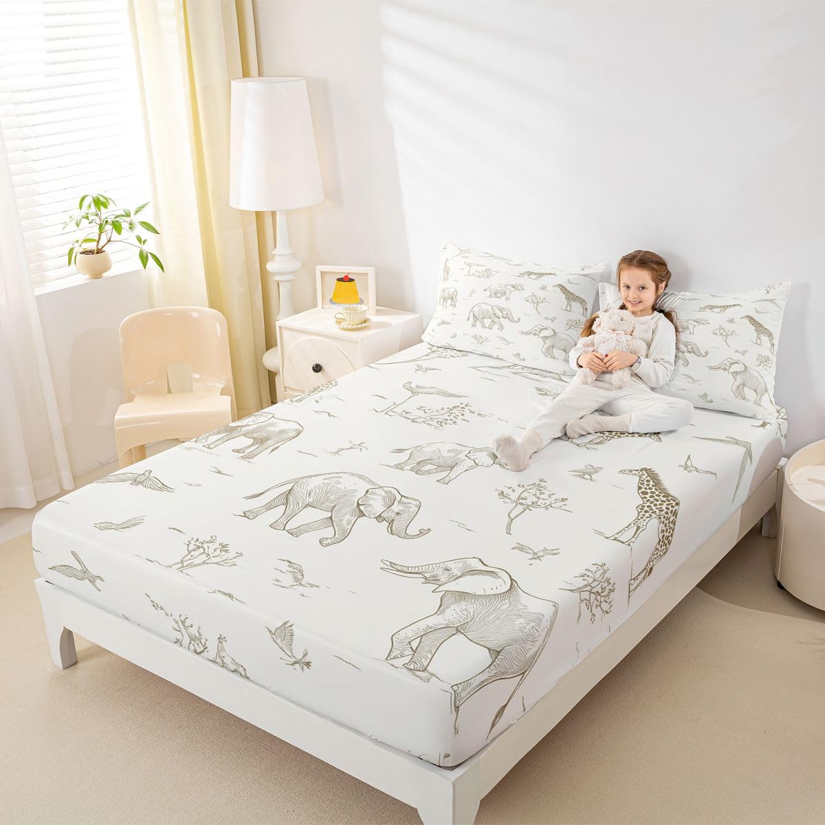 Erosebridal Jungle Animals Sheet Set Full Elephant Lion Giraffe Animal Bed Sheets for Kids Boys Girls Cartoon Kawaii Flat Fitted Sheet Hunter Brown Rust Wildlife Sheets 3 Pcs