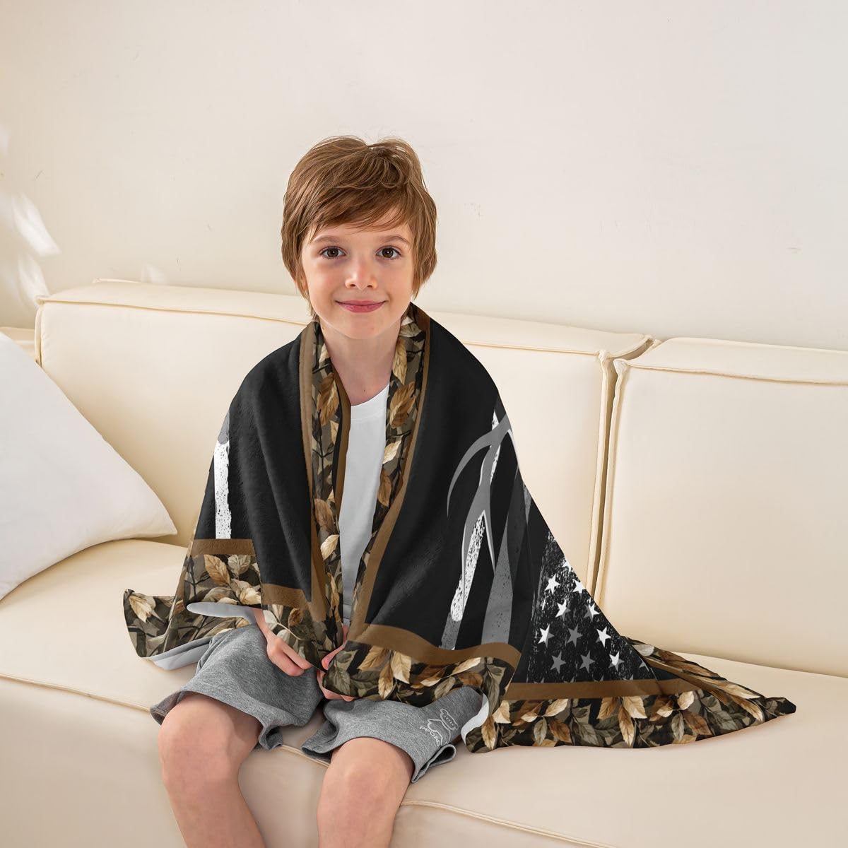Erosebridal Wild Deer Blanket for Boys,American Flag Throw Blanket 40x50 Inch,Hunting Animal Fleece Blanket All Season,Geometric Striped Fuzzy Blanket for Bedroom