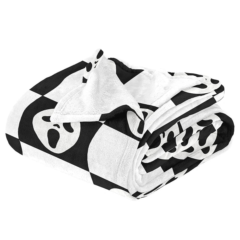 YWZDS Spooky Face Throw Blanket, Black and White Checkered Pattern, Halloween Ghost Blankets Fuzzy Gifts for Sofa Couch Bedroom (60 * 80 inch)